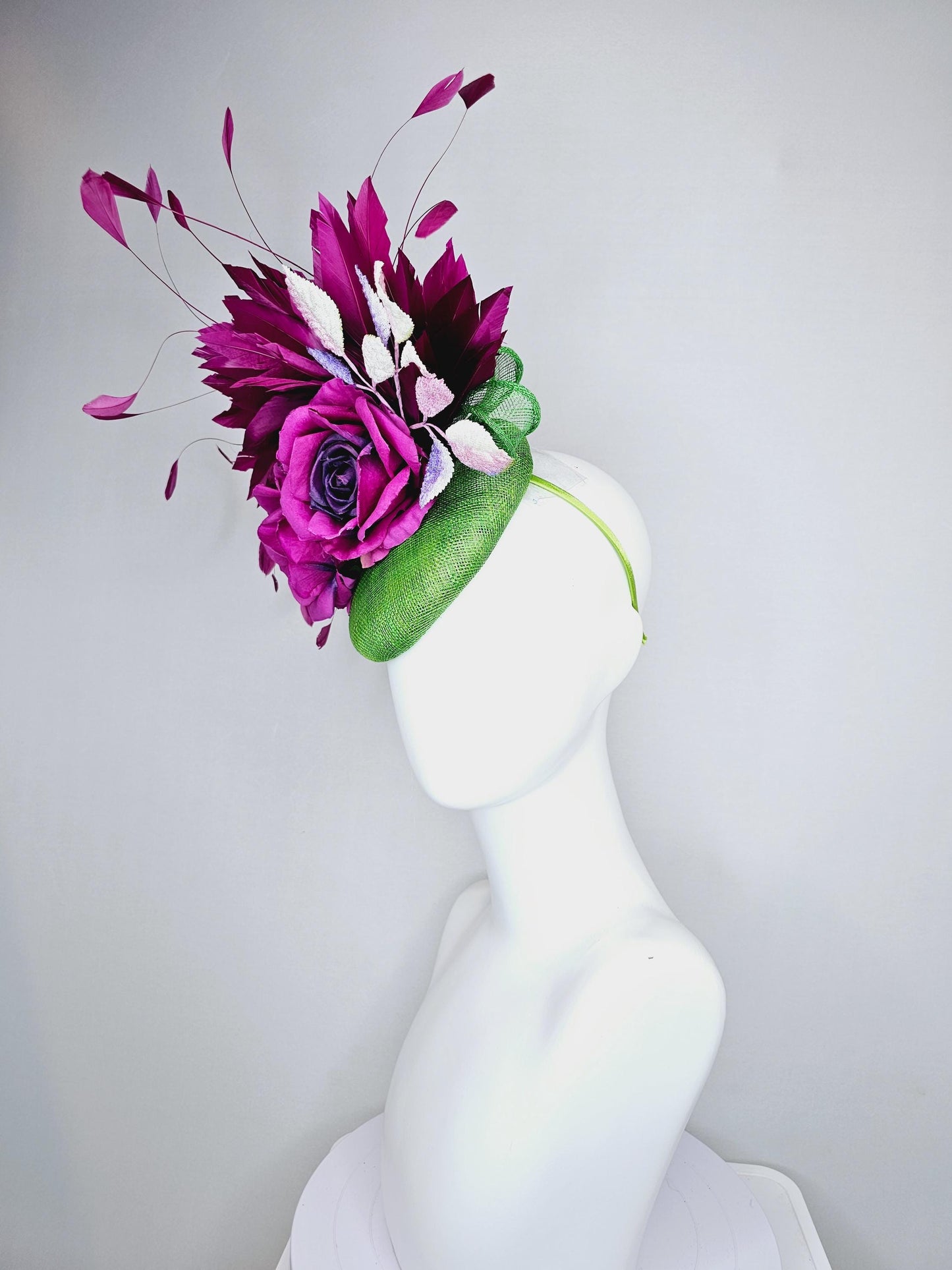 kentucky derby hat fascinator lime green sinamay with magenta purple satin rose flowers,light pink leaves,magenta purple branching feathers