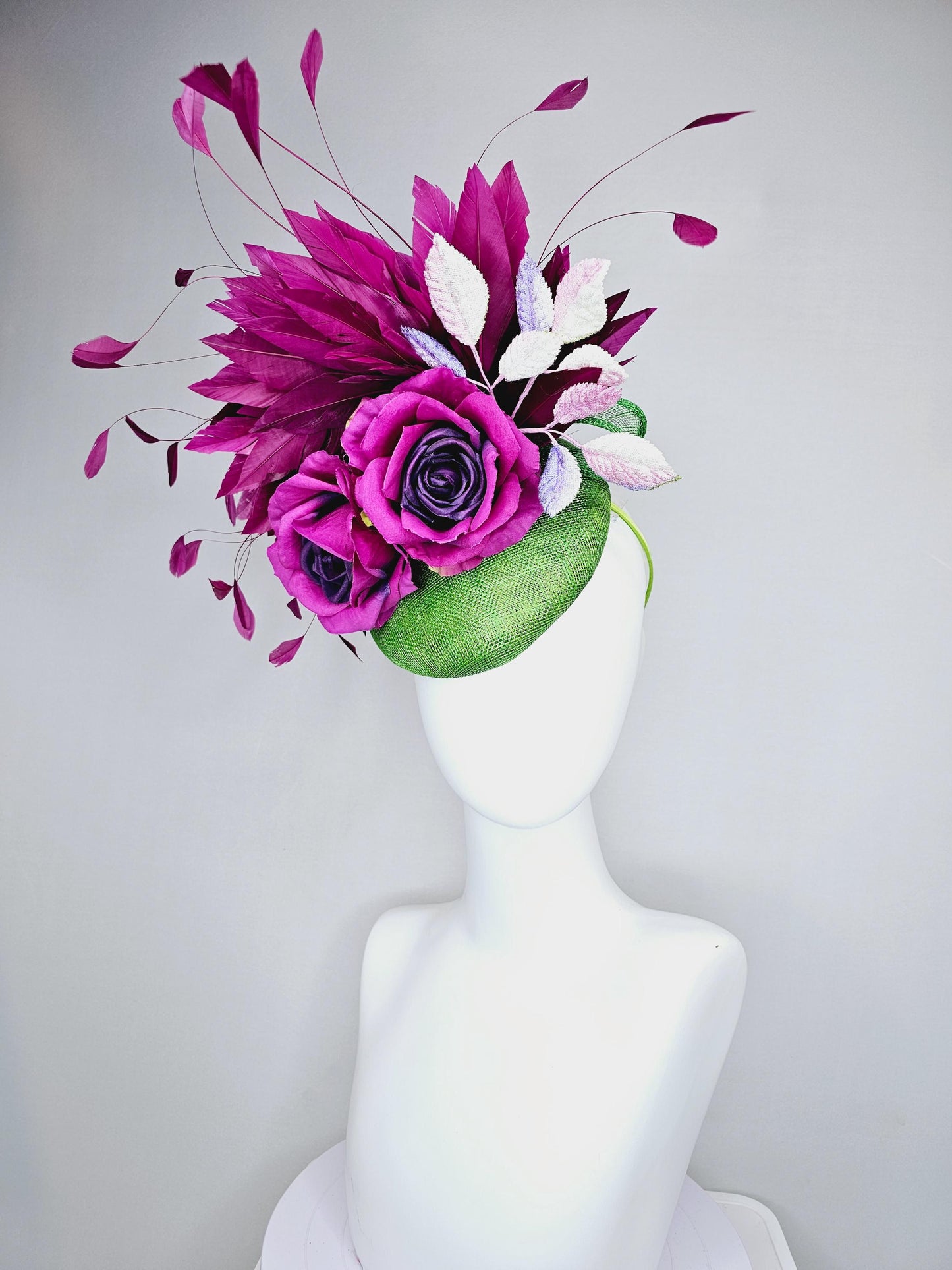 kentucky derby hat fascinator lime green sinamay with magenta purple satin rose flowers,light pink leaves,magenta purple branching feathers