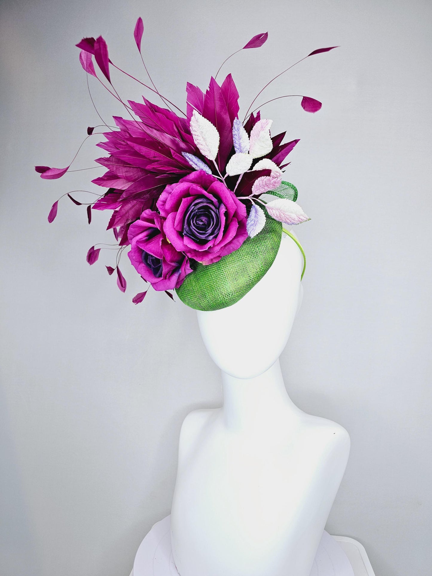 kentucky derby hat fascinator lime green sinamay with magenta purple satin rose flowers,light pink leaves,magenta purple branching feathers