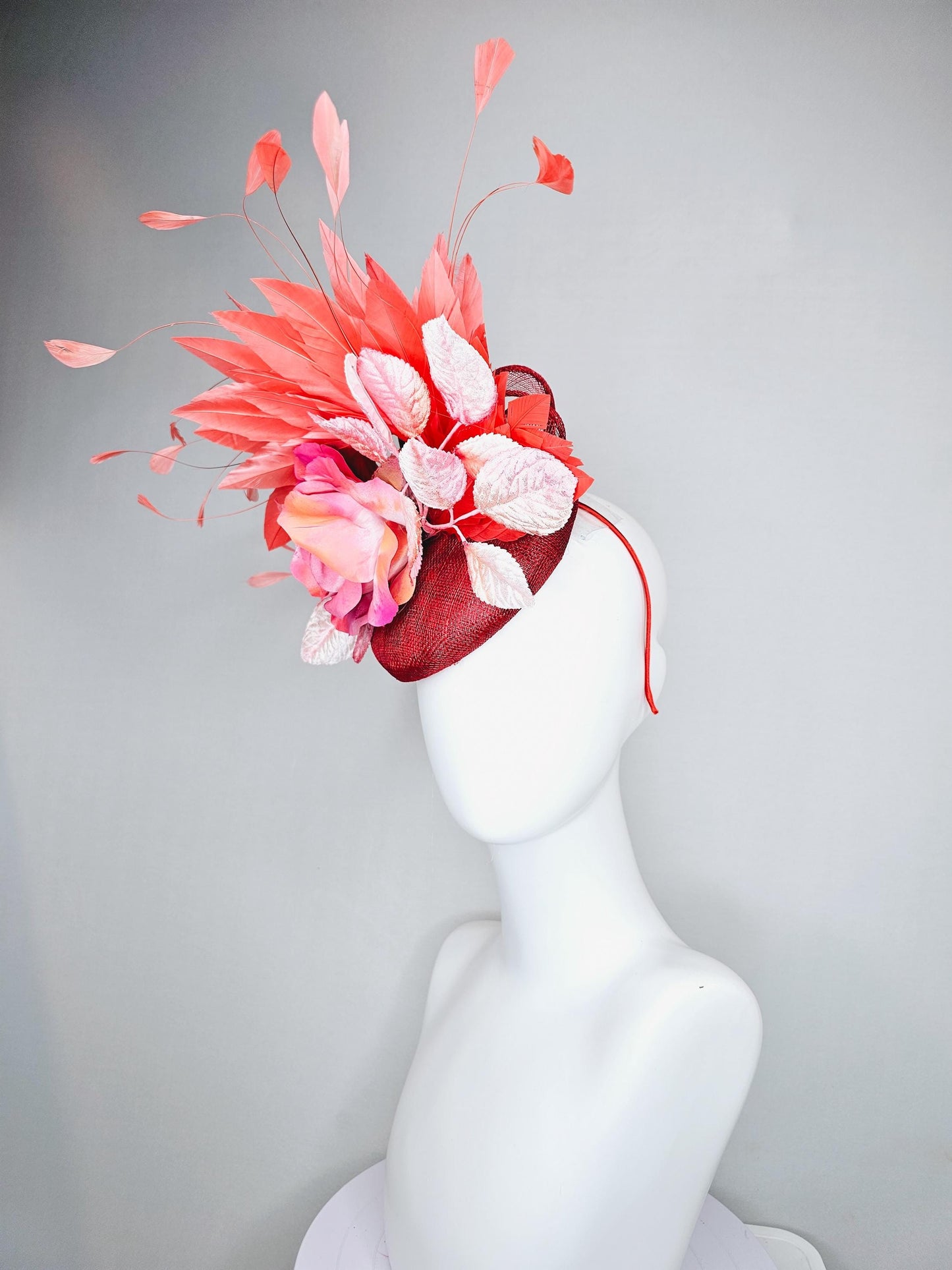 kentucky derby hat fascinator red burgundy wine sinamay with ombre pink satin rose flower,light pink leaves,coral orange branching feathers