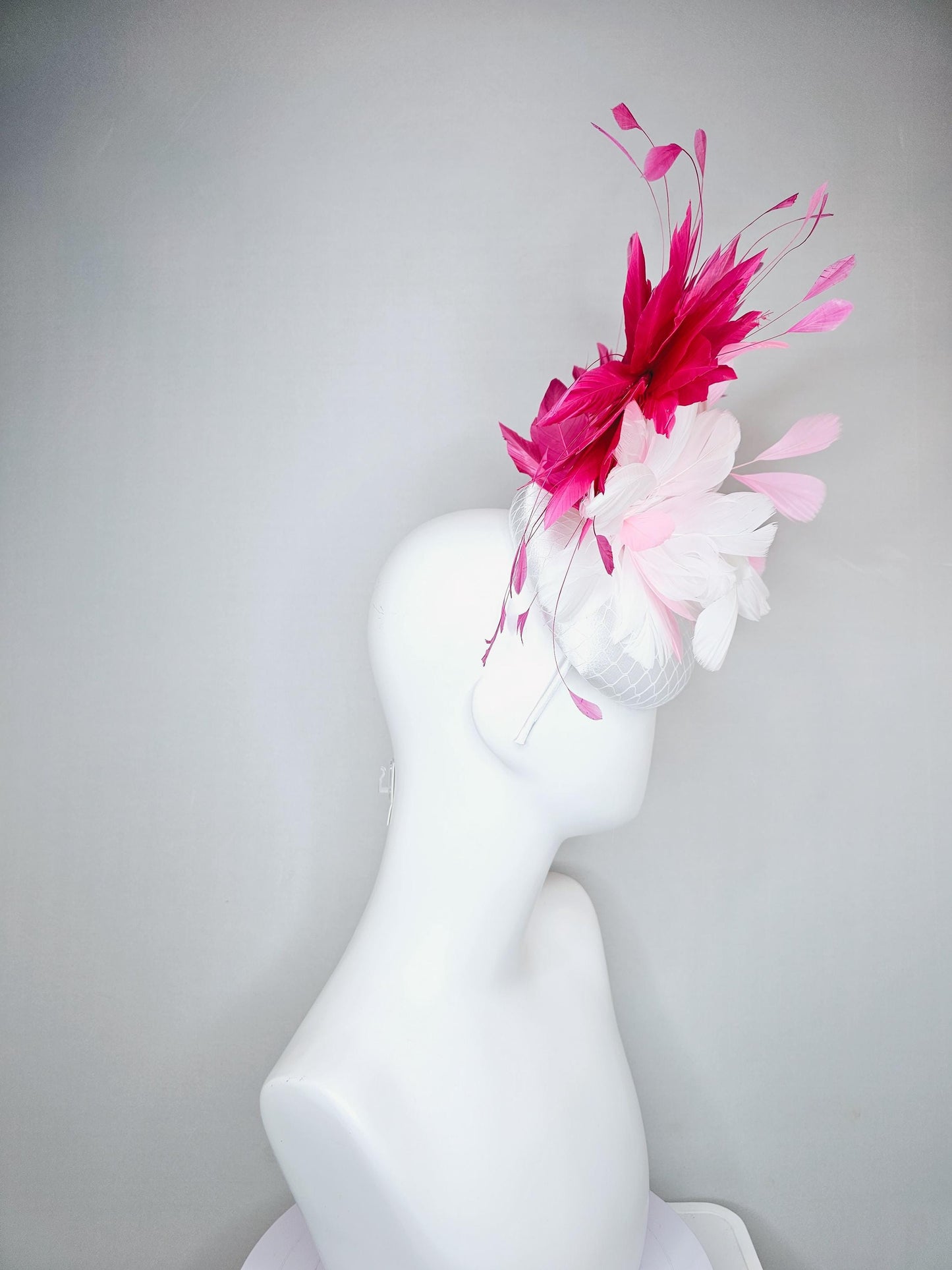 kentucky derby hat fascinator white satin with netting, fluffy white, blush pink, hot pink branching feathers