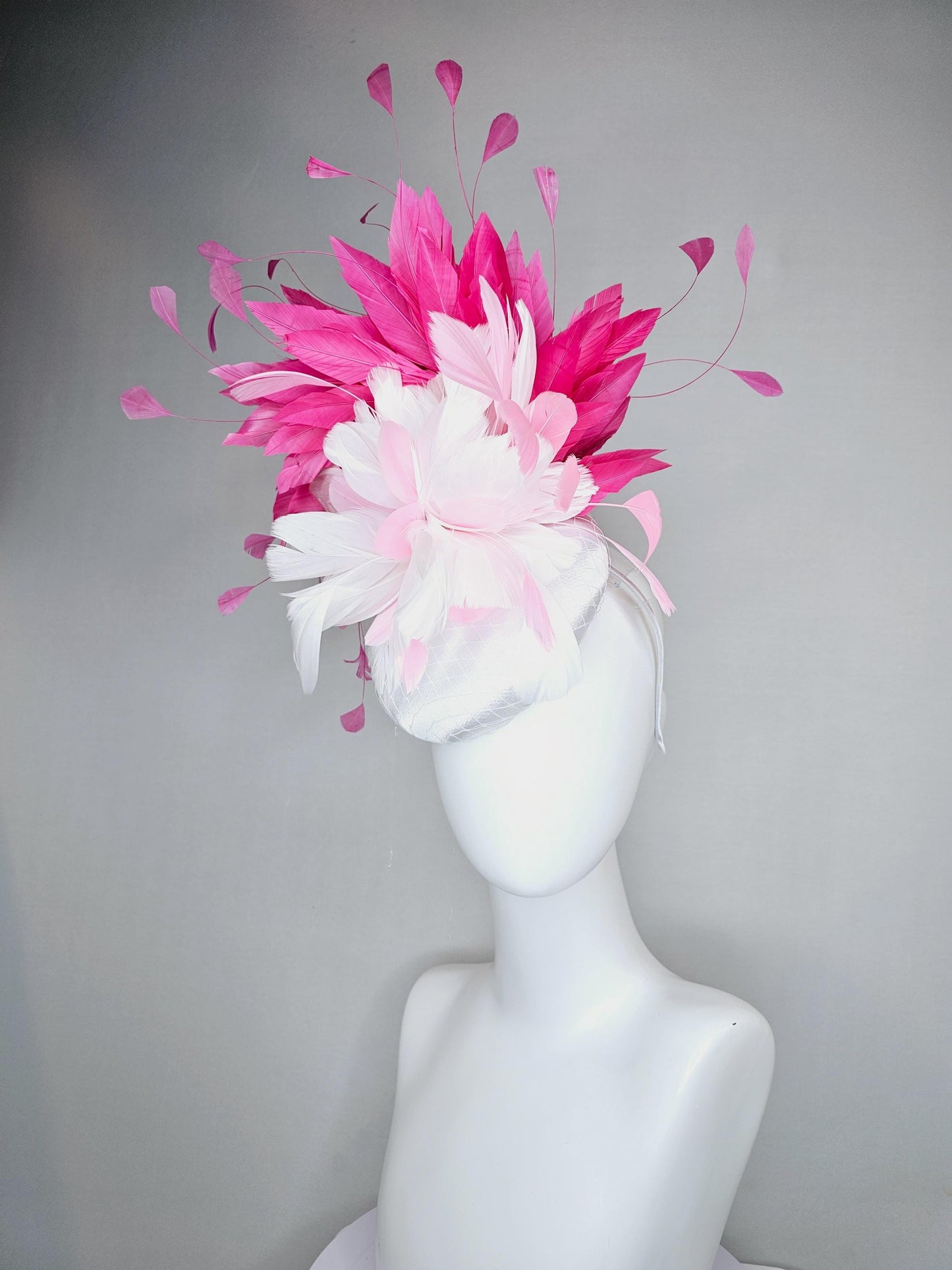 kentucky derby hat fascinator white satin with netting, fluffy white, blush pink, hot pink branching feathers