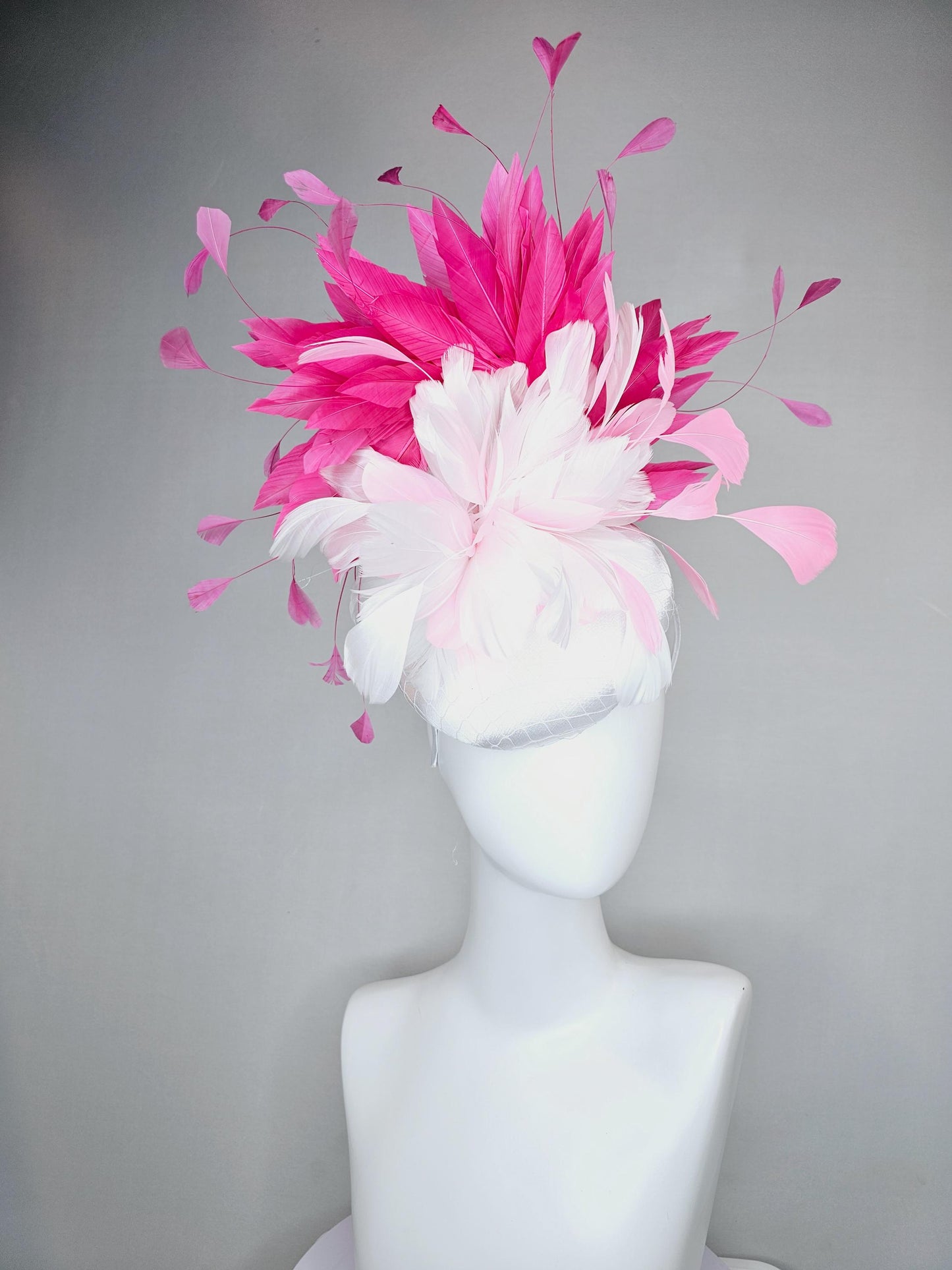 kentucky derby hat fascinator white satin with netting, fluffy white, blush pink, hot pink branching feathers