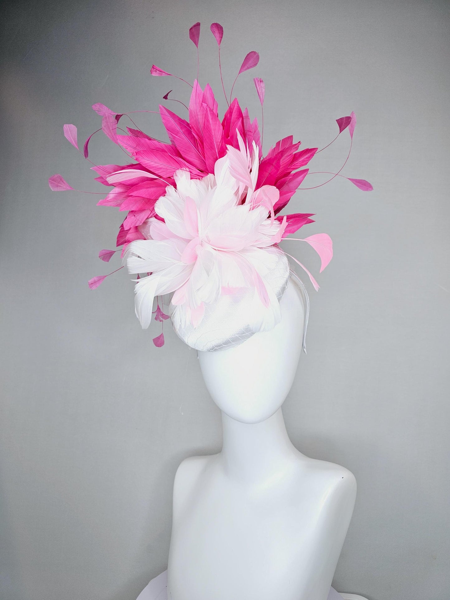 kentucky derby hat fascinator white satin with netting, fluffy white, blush pink, hot pink branching feathers