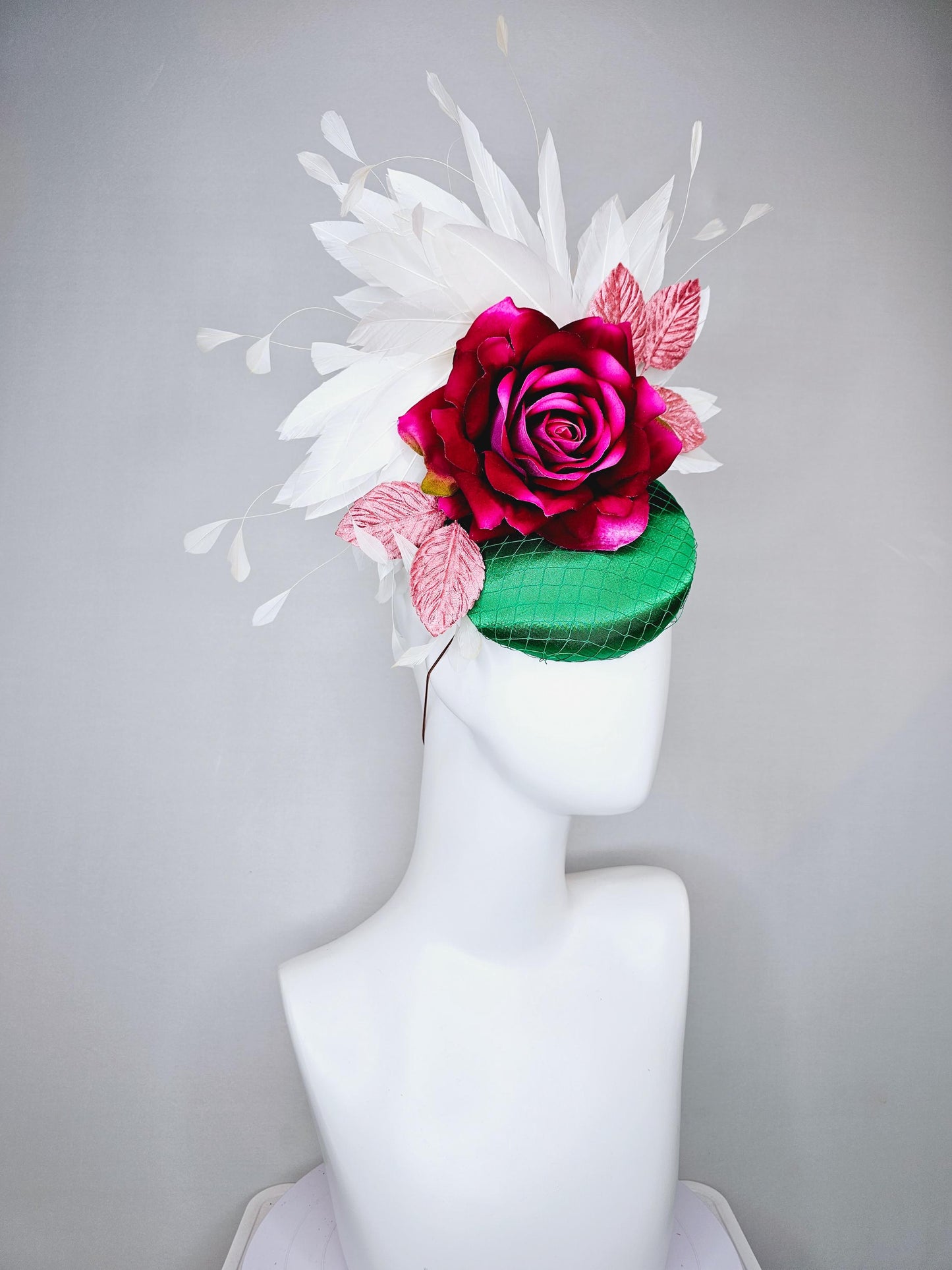 kentucky derby hat fascinator green satin with netting,magenta wine pink satin rose flower,blush pink satin leaves,white branching feathers