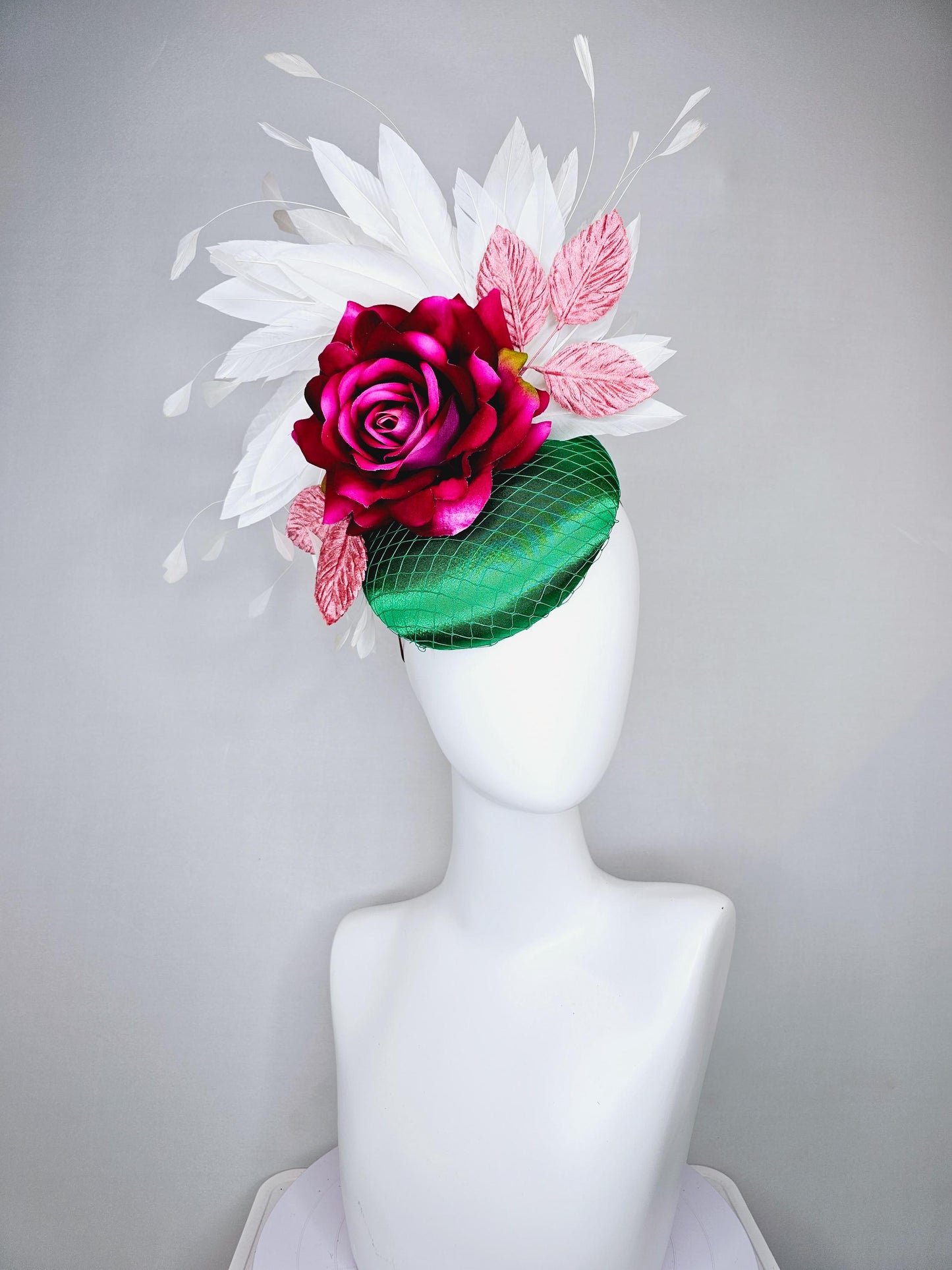 kentucky derby hat fascinator green satin with netting,magenta wine pink satin rose flower,blush pink satin leaves,white branching feathers