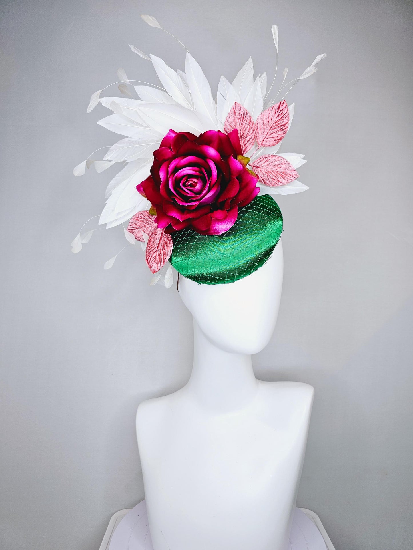 kentucky derby hat fascinator green satin with netting,magenta wine pink satin rose flower,blush pink satin leaves,white branching feathers