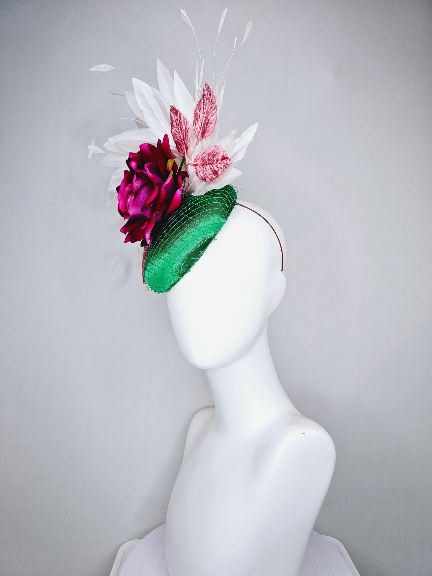 kentucky derby hat fascinator green satin with netting,magenta wine pink satin rose flower,blush pink satin leaves,white branching feathers