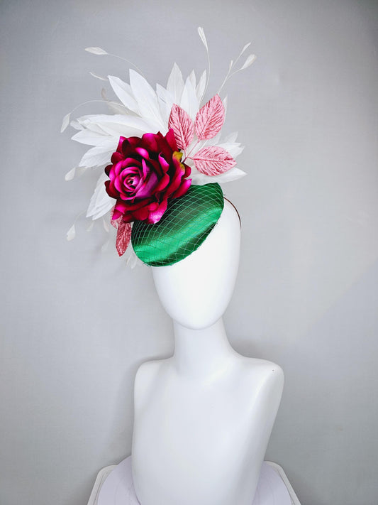 kentucky derby hat fascinator green satin with netting,magenta wine pink satin rose flower,blush pink satin leaves,white branching feathers