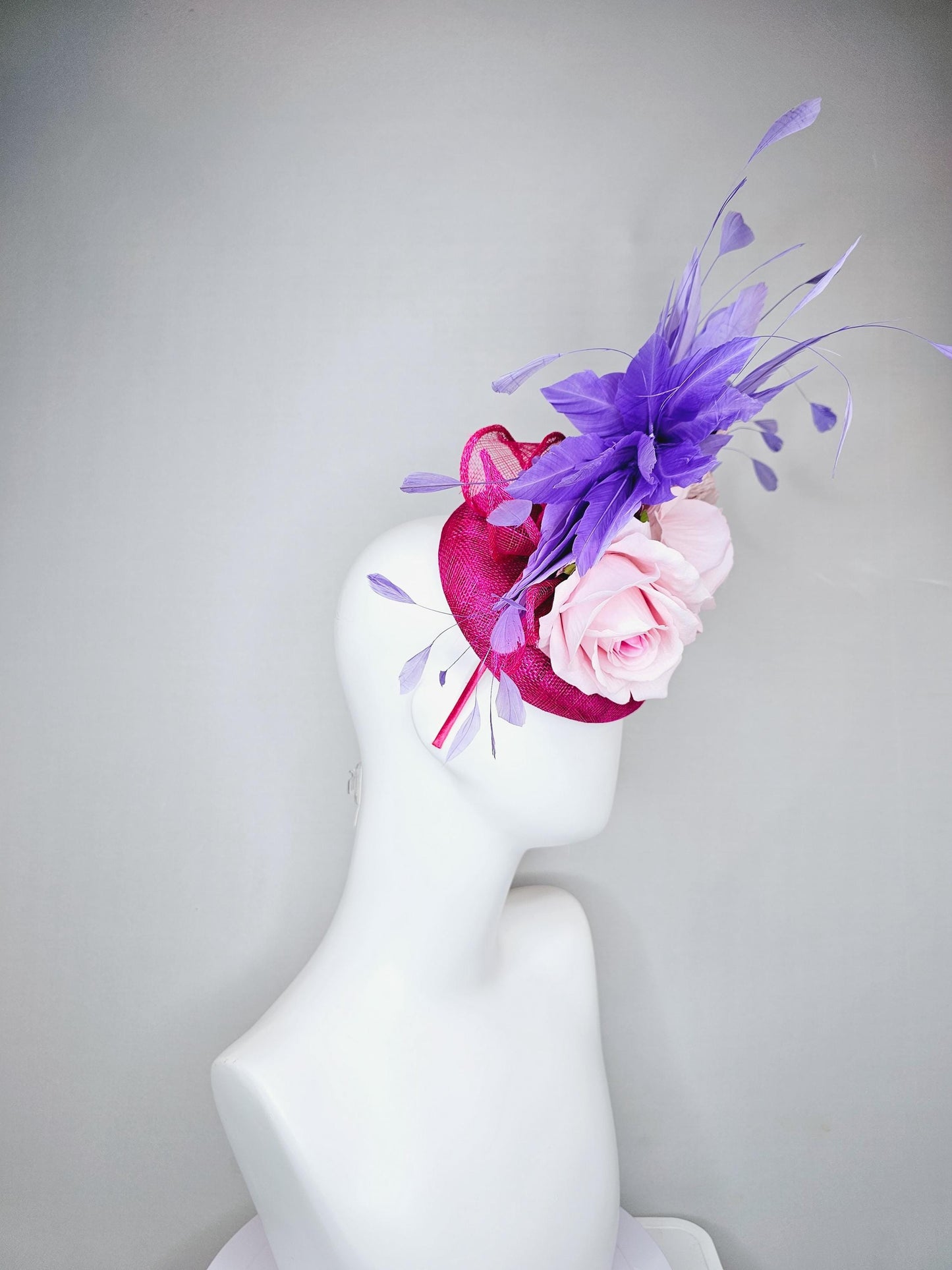 kentucky derby hat fascinator hot pink sinamay with light pink satin rose flowers, light pink leaves, purple lavender branching feathers