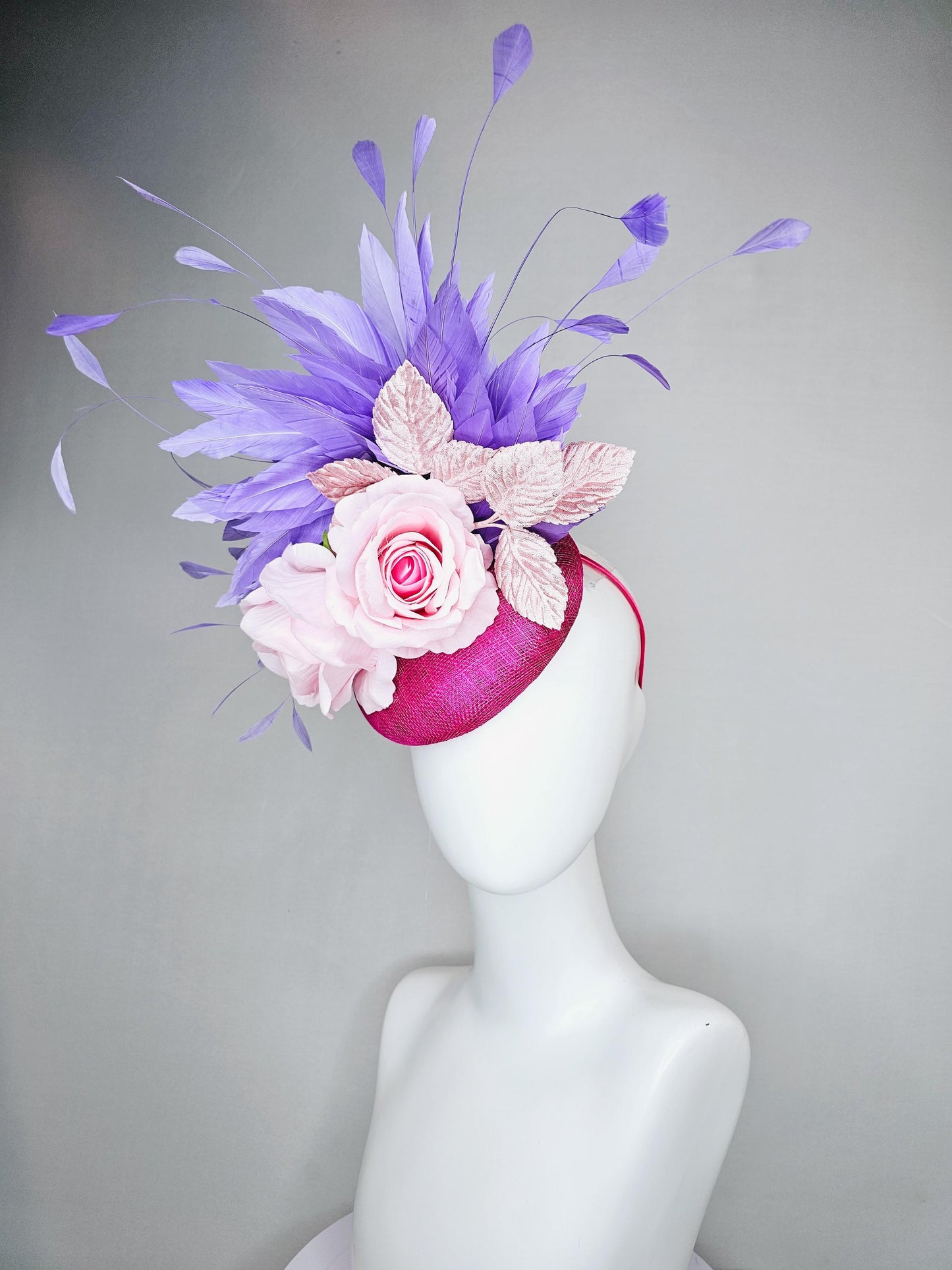 kentucky derby hat fascinator hot pink sinamay with light pink satin rose flowers, light pink leaves, purple lavender branching feathers