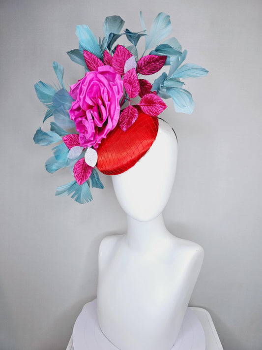 kentucky derby hat fascinator red satin with netting, bright pink satin silk flower with pink and white leaves,teal blue branching feathers