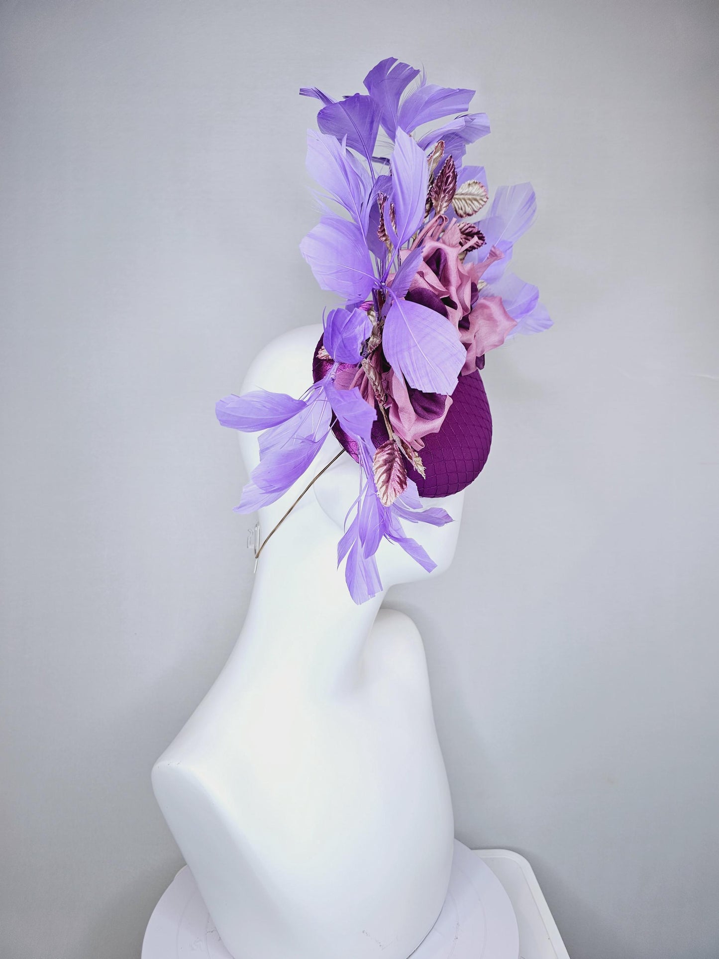 kentucky derby hat fascinator purple satin with netting,purple lilac satin flowers, ombre purple leaves, purple lavender branching feathers