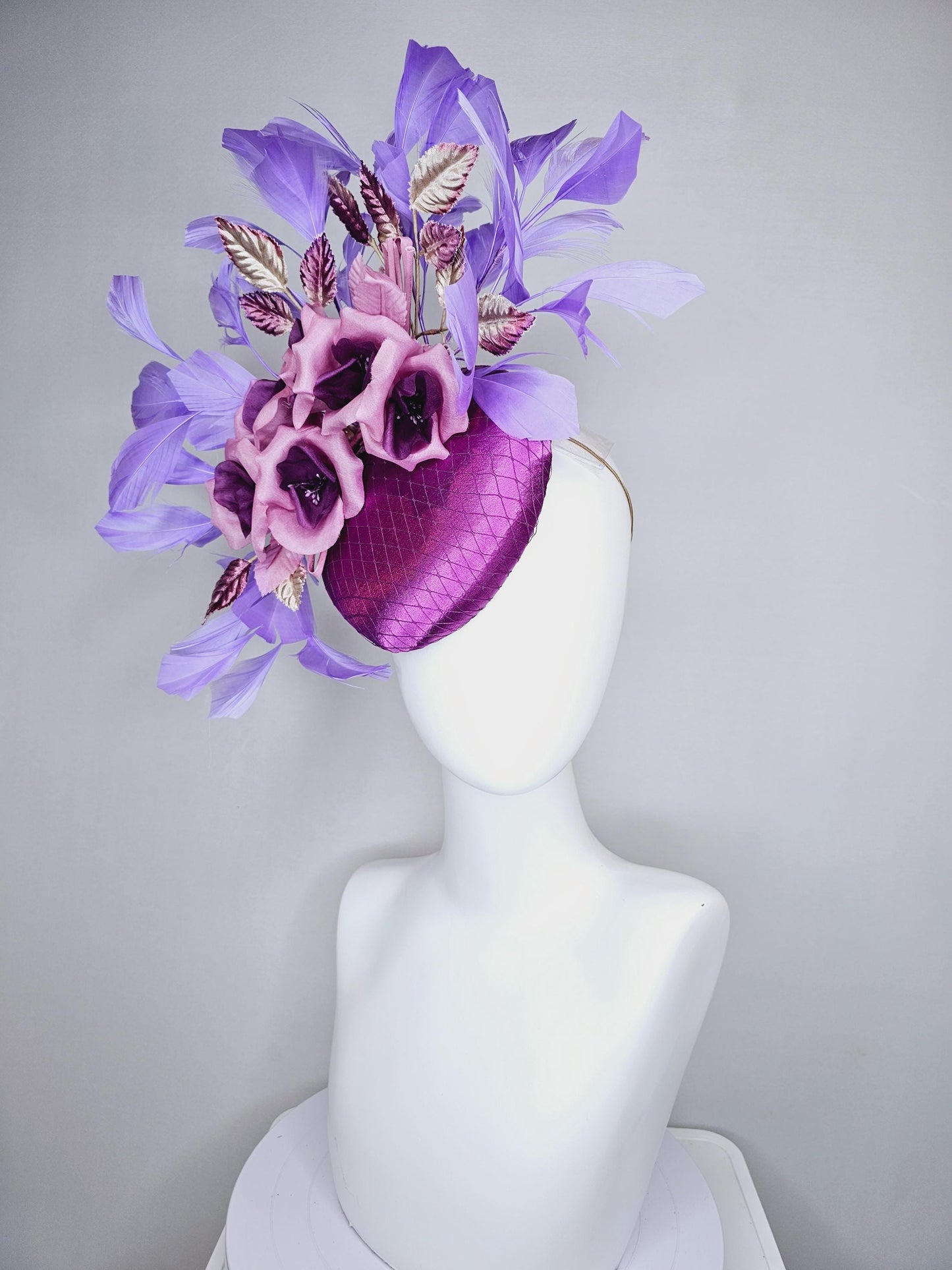 kentucky derby hat fascinator purple satin with netting,purple lilac satin flowers, ombre purple leaves, purple lavender branching feathers