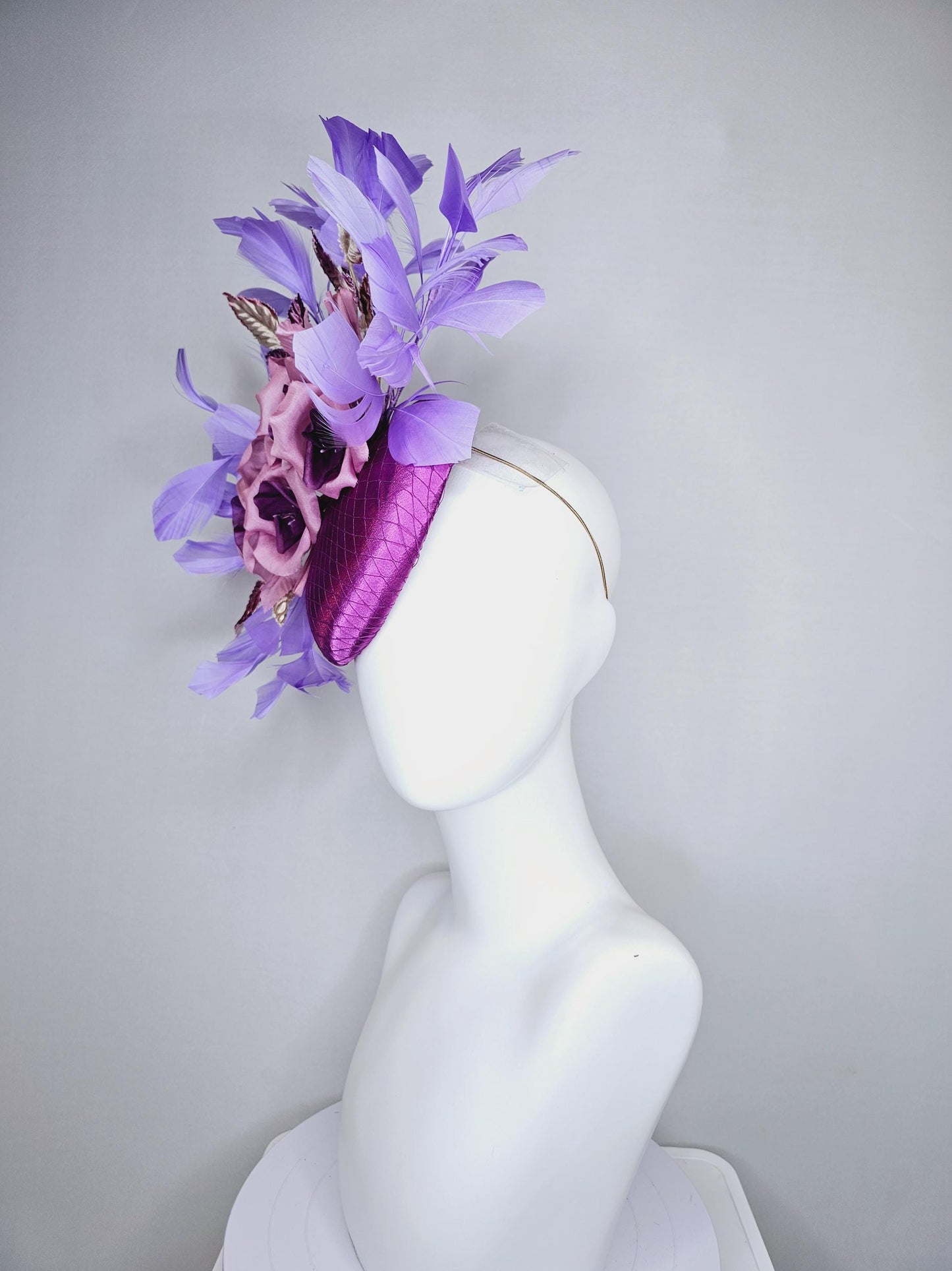 kentucky derby hat fascinator purple satin with netting,purple lilac satin flowers, ombre purple leaves, purple lavender branching feathers