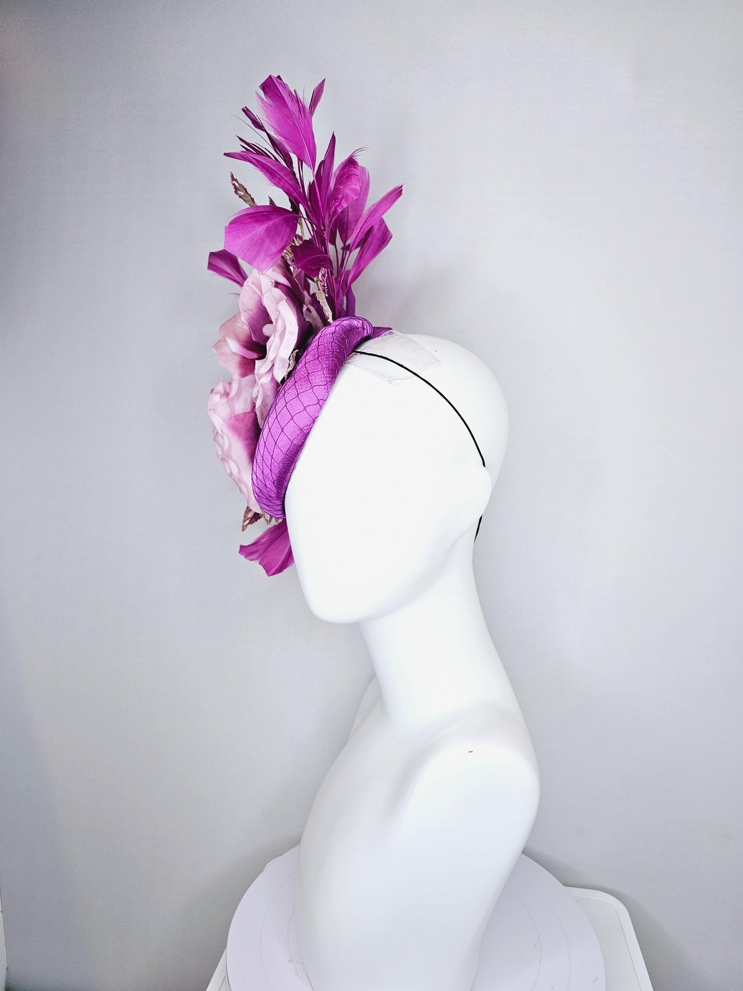 kentucky derby hat fascinator purple satin with netting, ombre purple lilac satin flowers, ombre purple leaves, purple branching feathers