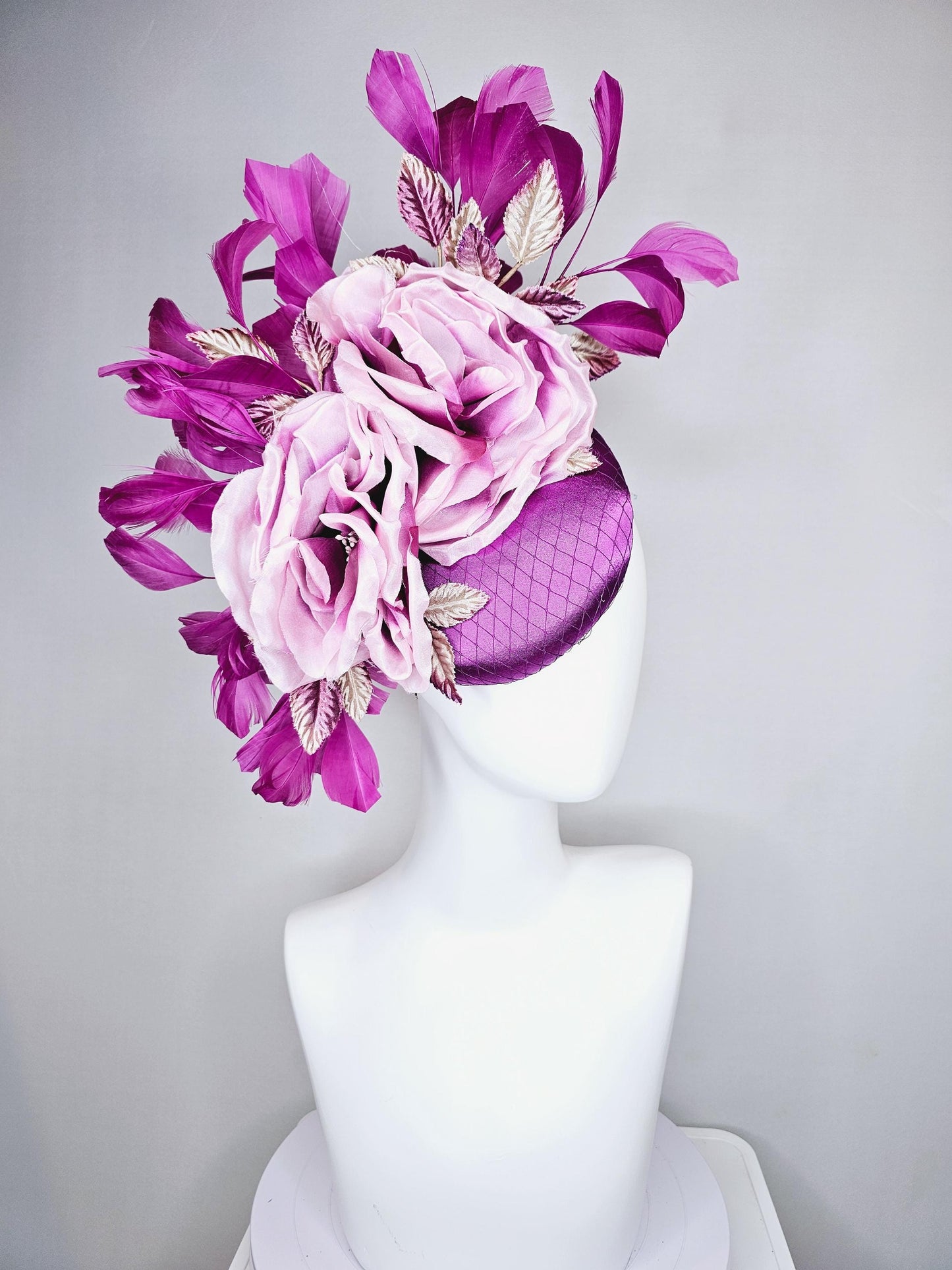 kentucky derby hat fascinator purple satin with netting, ombre purple lilac satin flowers, ombre purple leaves, purple branching feathers