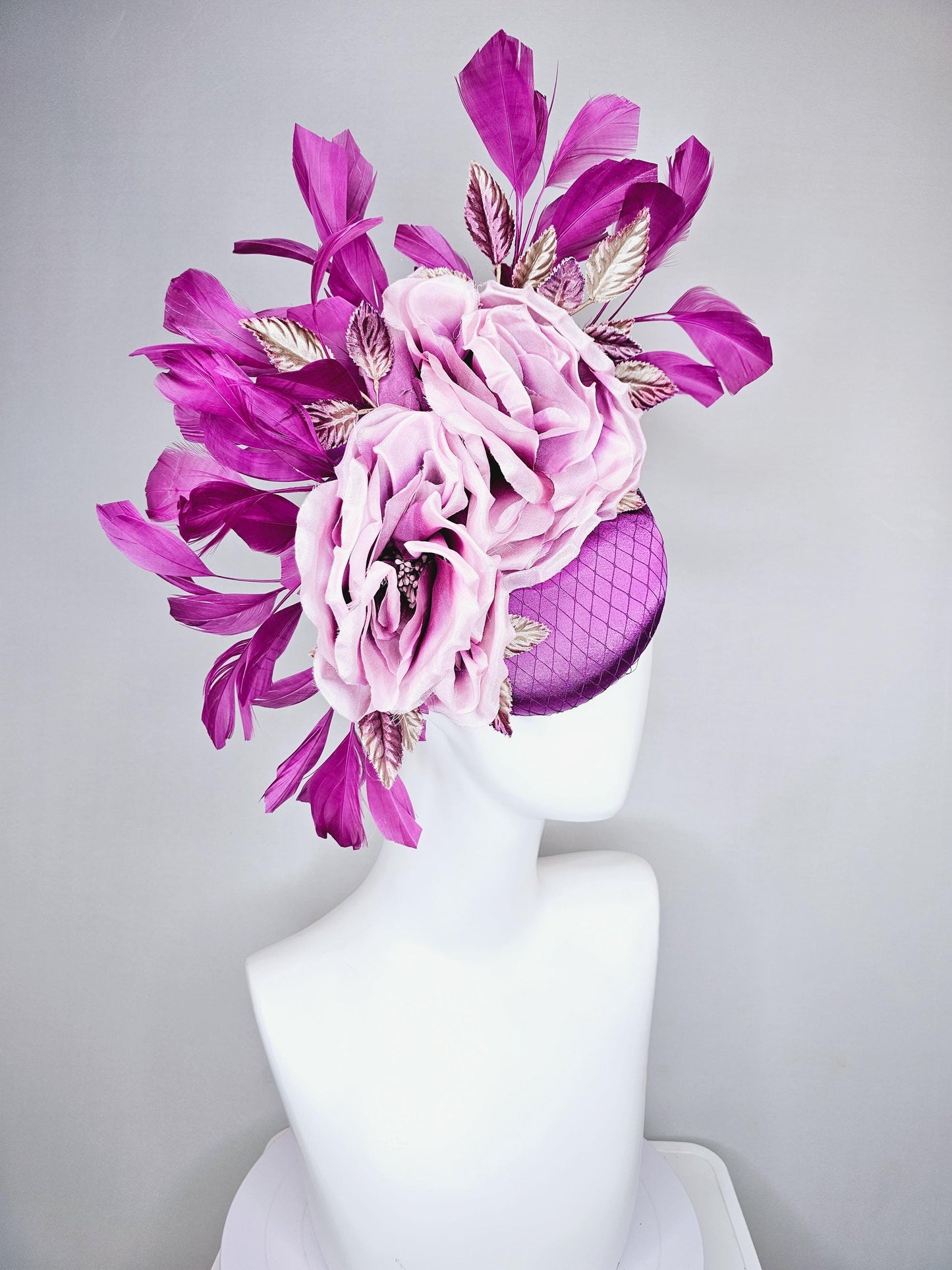 kentucky derby hat fascinator purple satin with netting, ombre purple lilac satin flowers, ombre purple leaves, purple branching feathers