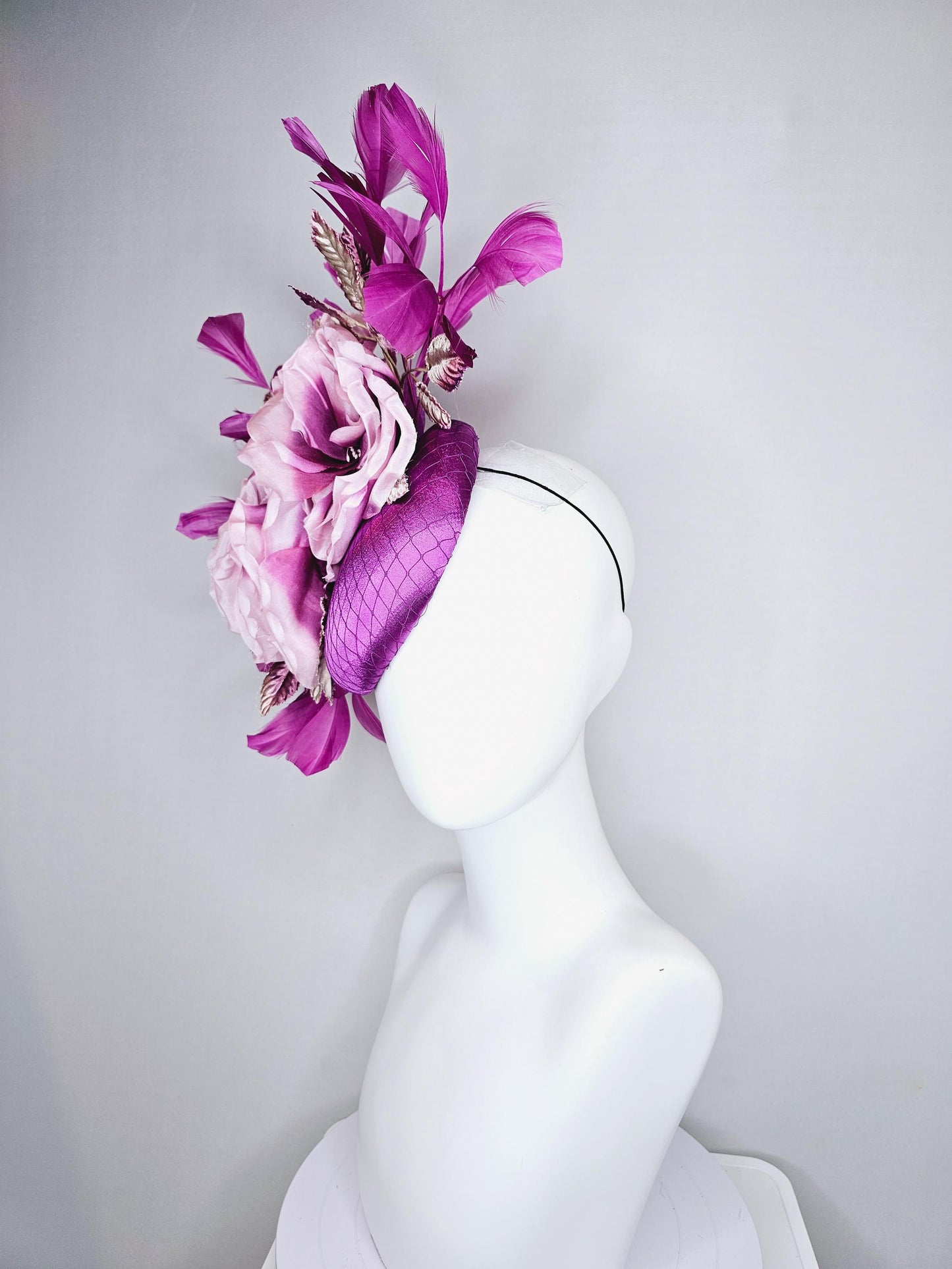 kentucky derby hat fascinator purple satin with netting, ombre purple lilac satin flowers, ombre purple leaves, purple branching feathers