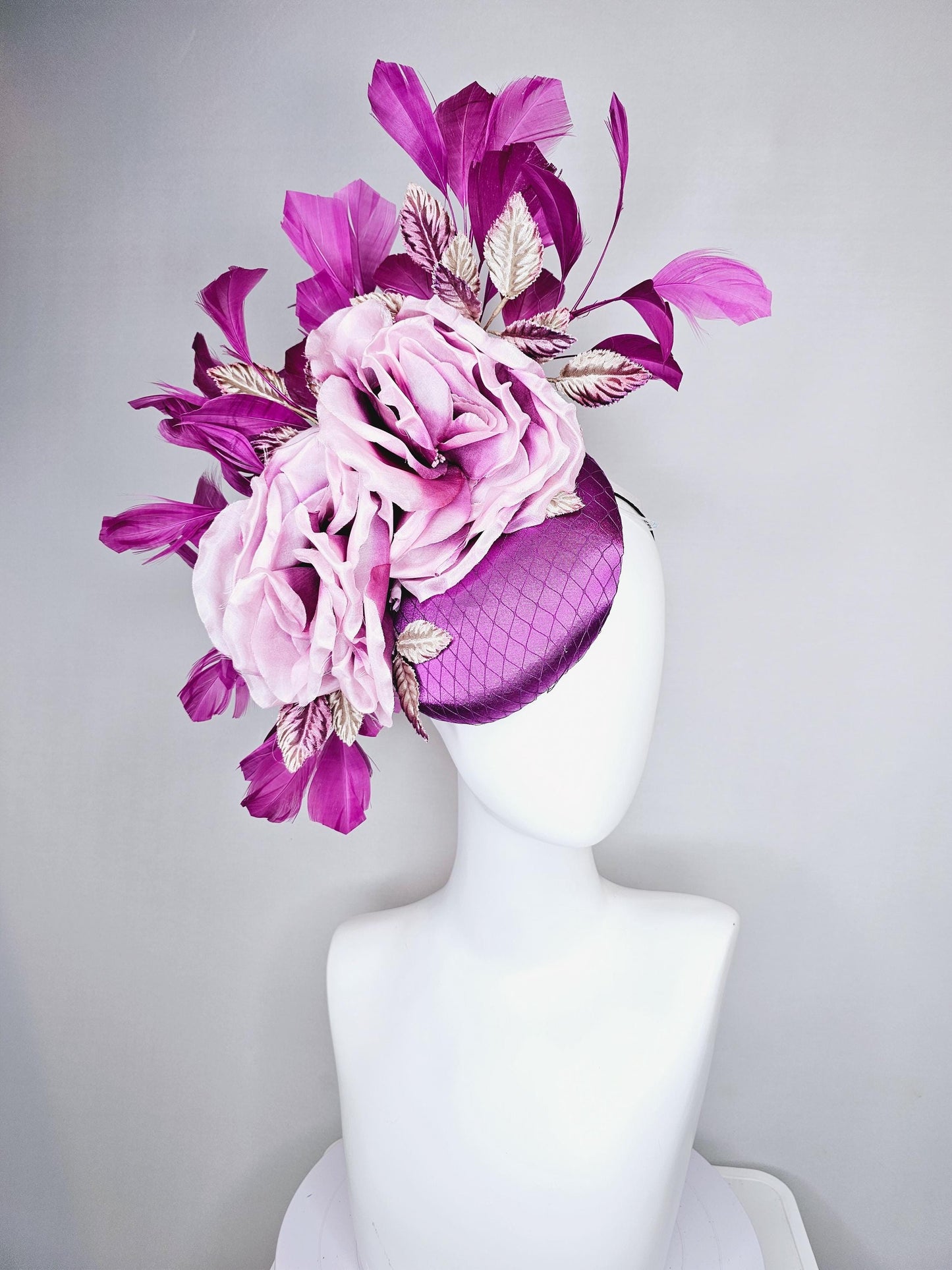 kentucky derby hat fascinator purple satin with netting, ombre purple lilac satin flowers, ombre purple leaves, purple branching feathers