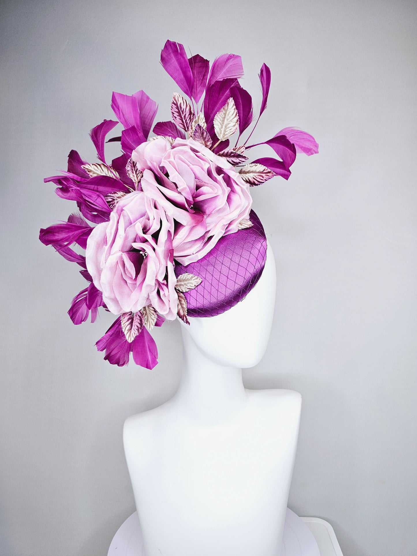 kentucky derby hat fascinator purple satin with netting, ombre purple lilac satin flowers, ombre purple leaves, purple branching feathers