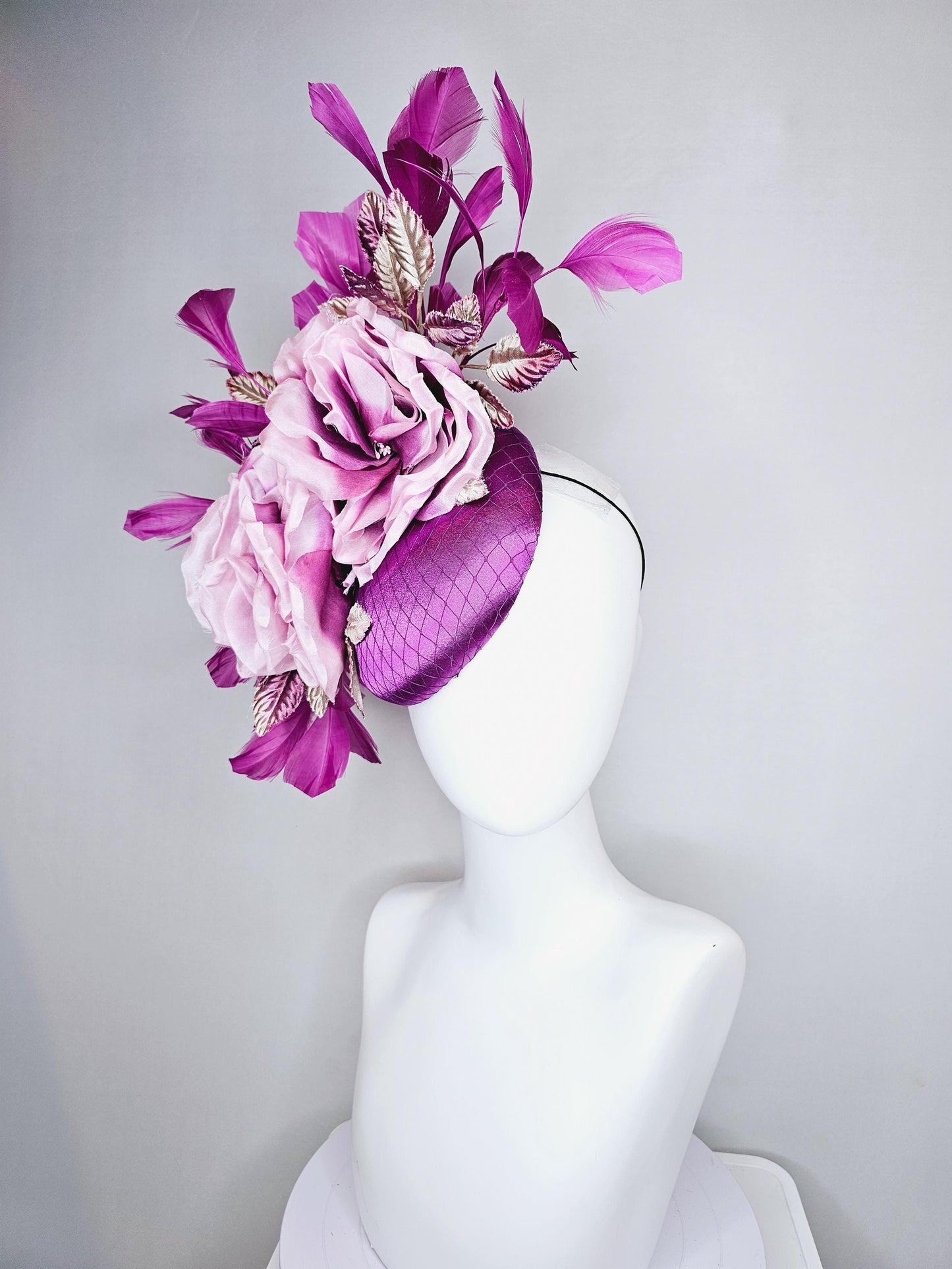 kentucky derby hat fascinator purple satin with netting, ombre purple lilac satin flowers, ombre purple leaves, purple branching feathers