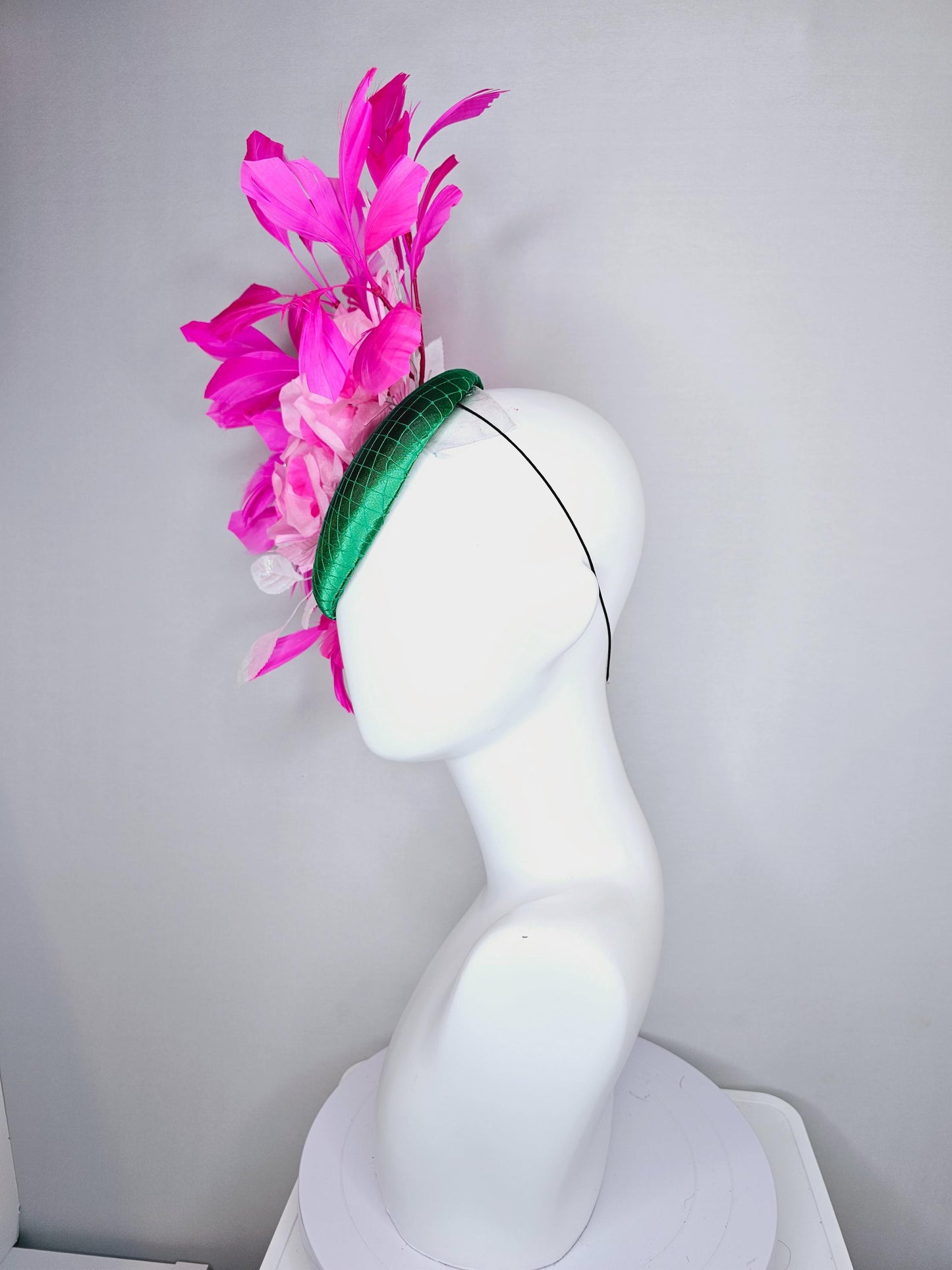 kentucky derby hat fascinator green satin with netting, blush pink satin flowers, light pink leaves, bright pink fuchsia branching feathers