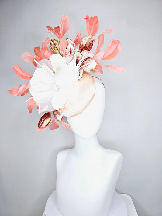 kentucky derby hat fascinator neutral beige satin with netting, white organza flowers, orange ombre leaves, orange peach branching feathers