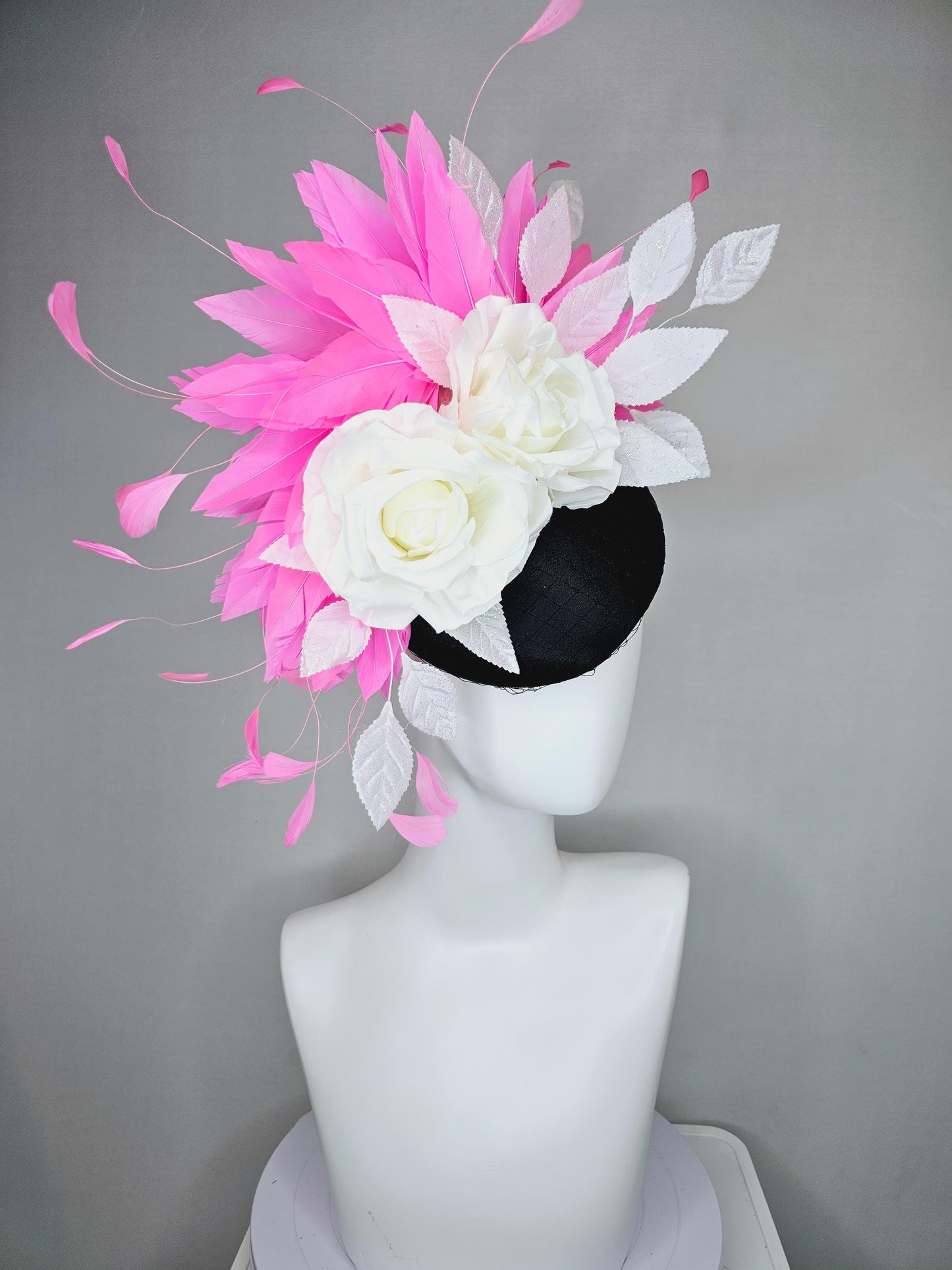 kentucky derby hat fascinator black satin with netting, white ivory satin silk rose flowers, white leaves, blush pink branching feathers