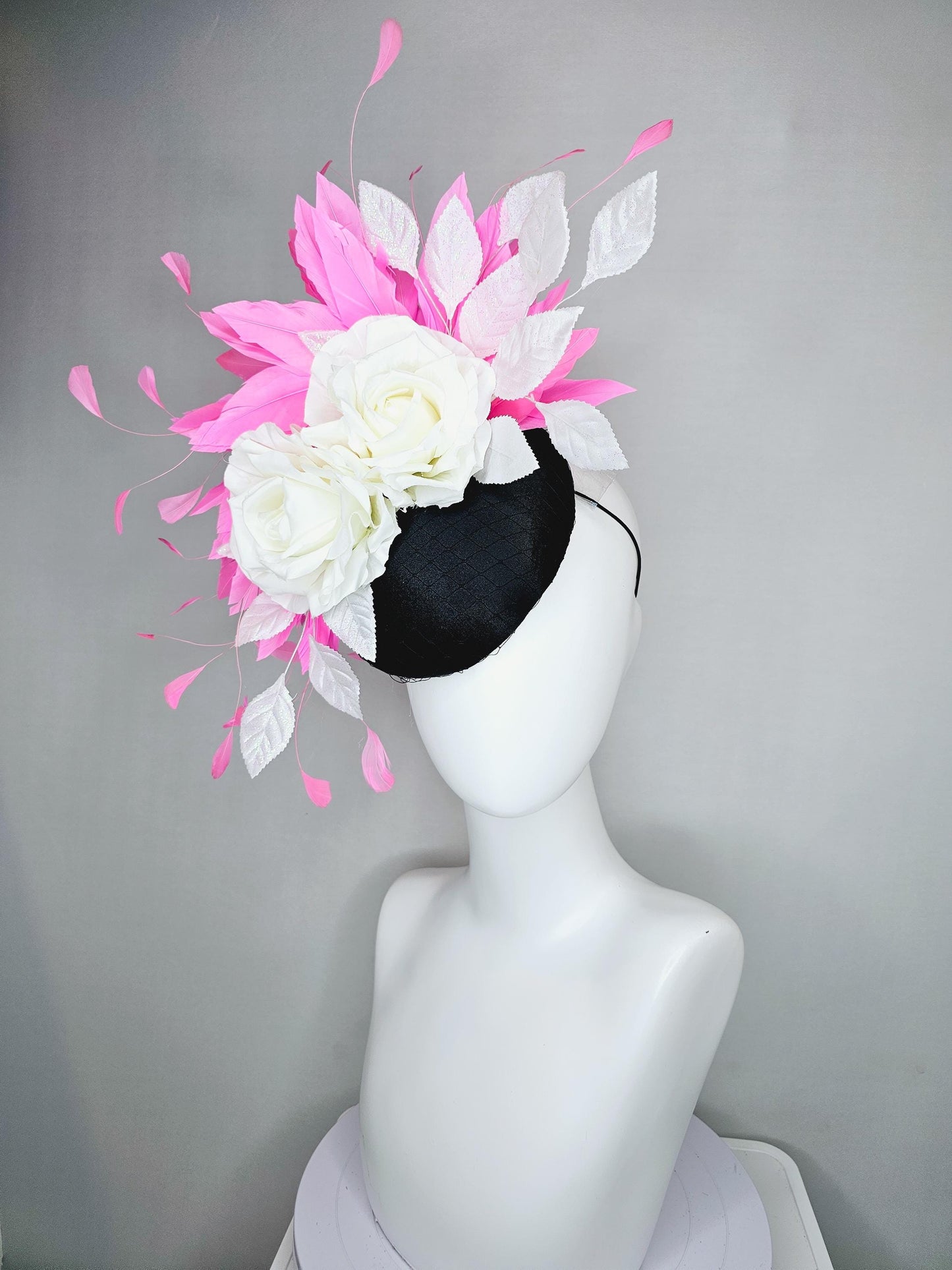 kentucky derby hat fascinator black satin with netting, white ivory satin silk rose flowers, white leaves, blush pink branching feathers