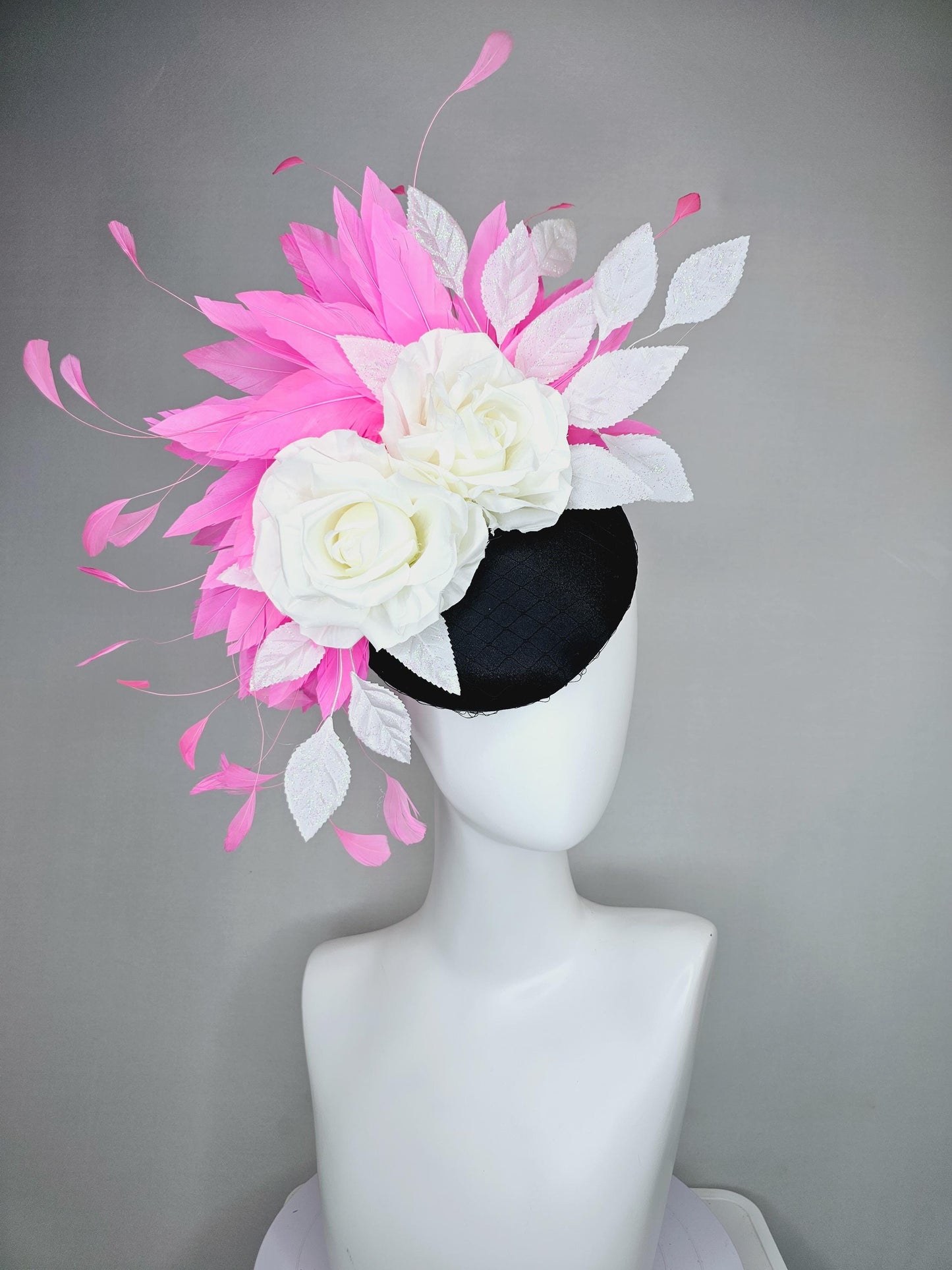 kentucky derby hat fascinator black satin with netting, white ivory satin silk rose flowers, white leaves, blush pink branching feathers