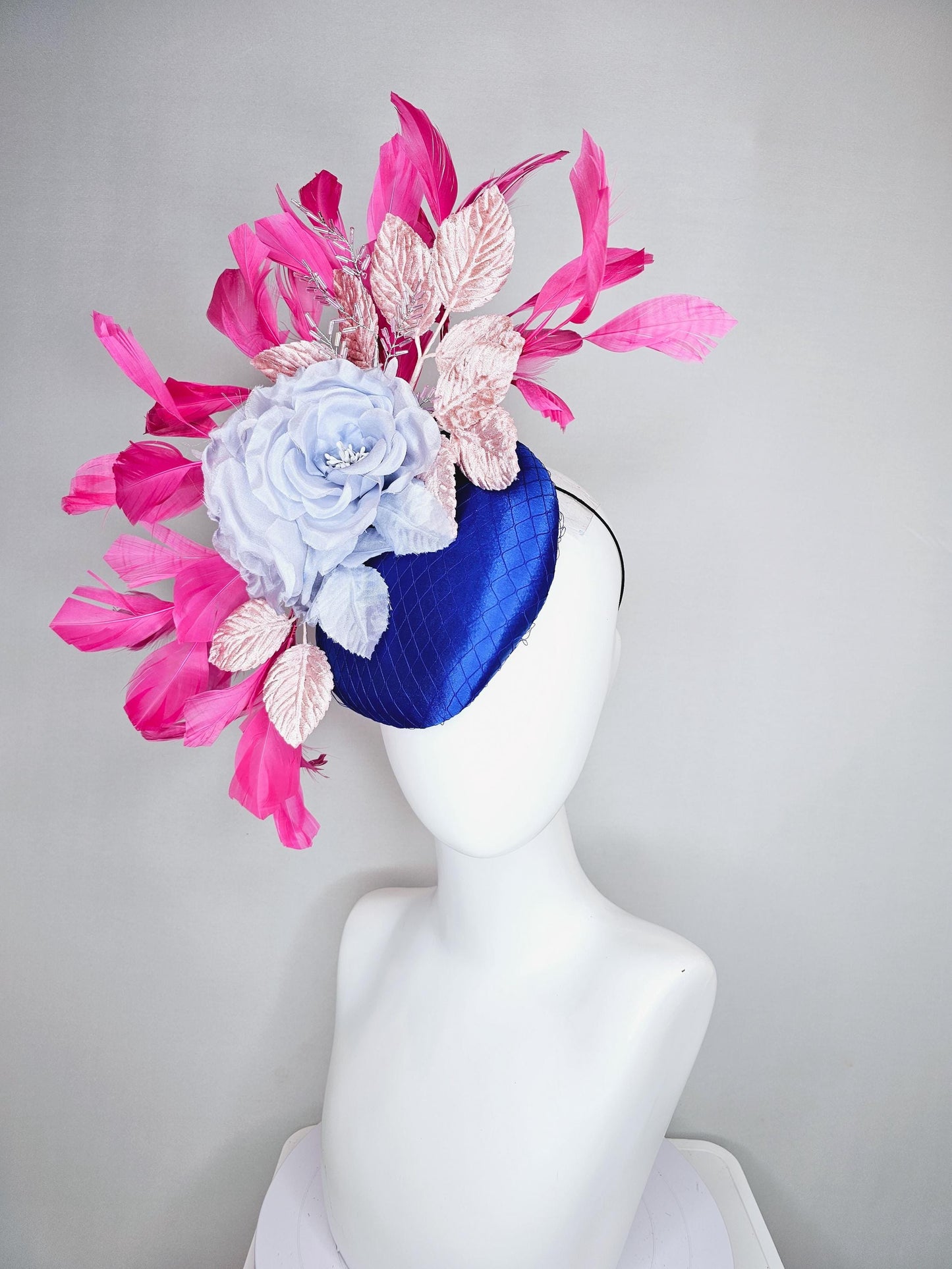 kentucky derby hat fascinator cobalt blue satin with netting,light sky blue satin silk rose flower,light pink leaves,pink branching feathers