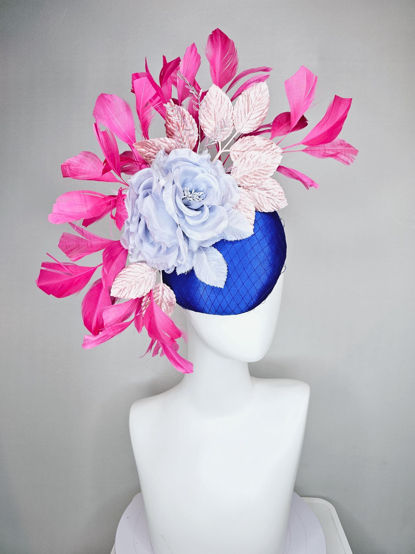 kentucky derby hat fascinator cobalt blue satin with netting,light sky blue satin silk rose flower,light pink leaves,pink branching feathers