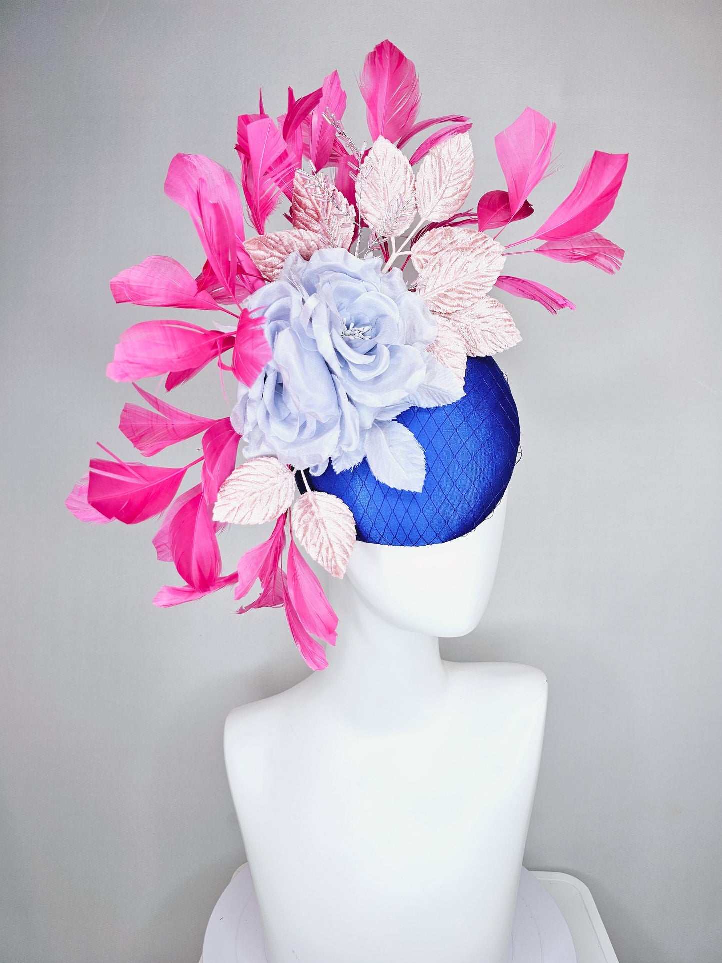 kentucky derby hat fascinator cobalt blue satin with netting,light sky blue satin silk rose flower,light pink leaves,pink branching feathers