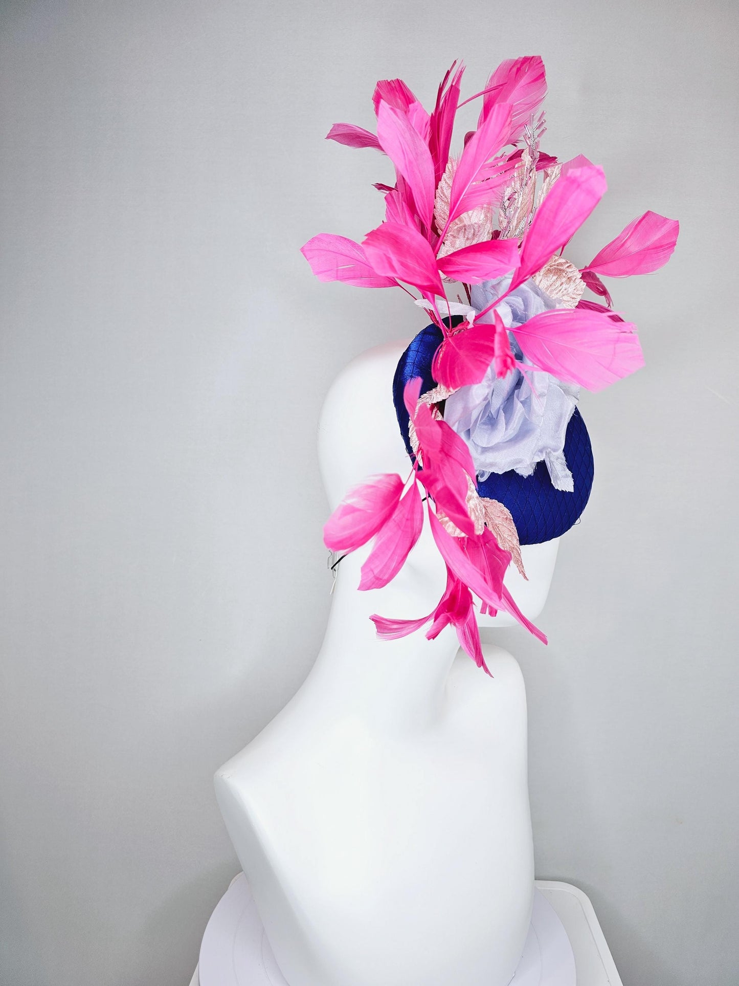 kentucky derby hat fascinator cobalt blue satin with netting,light sky blue satin silk rose flower,light pink leaves,pink branching feathers