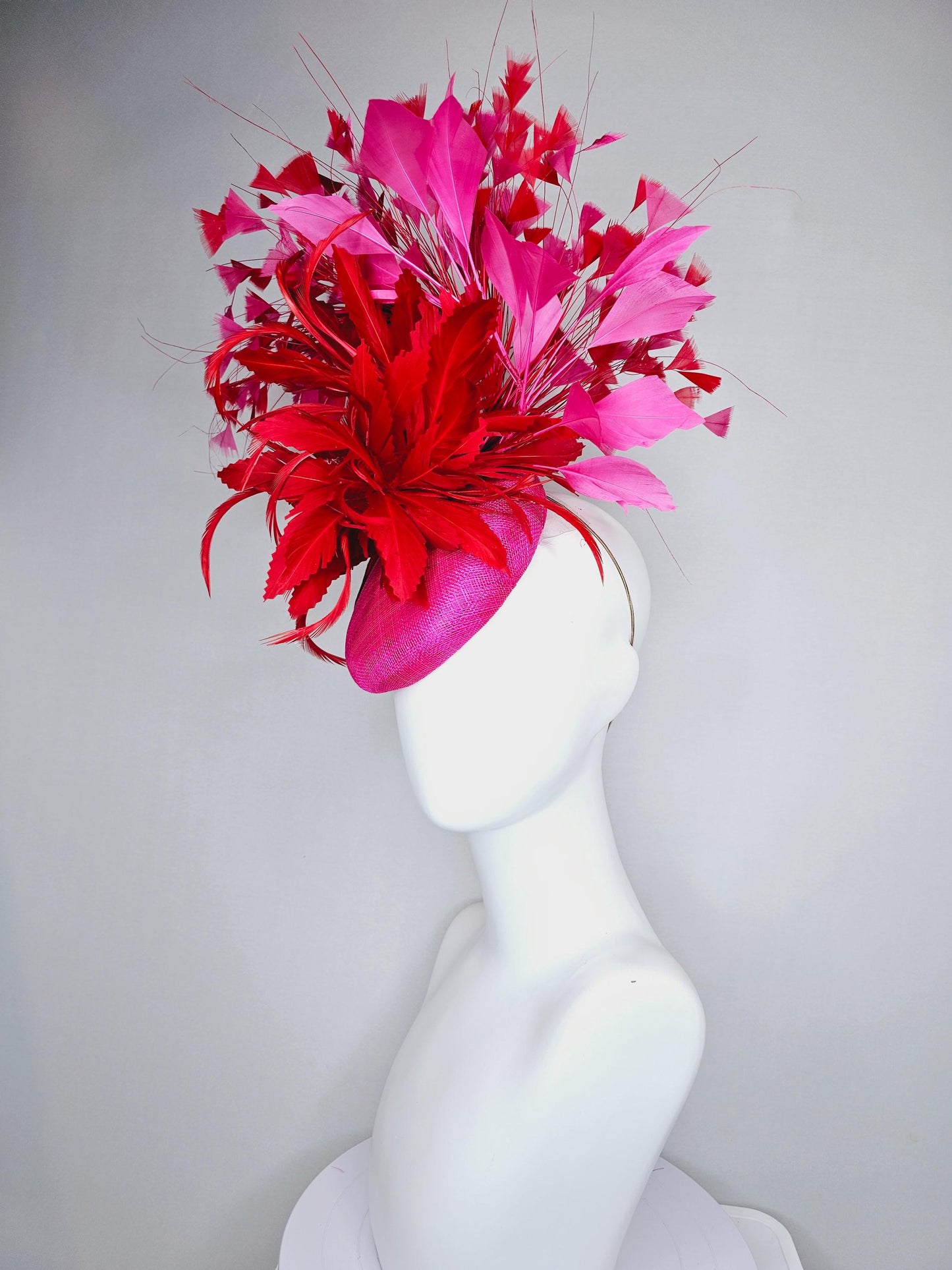 kentucky derby hat fascinator pink sinamay with fluffy zigzag scarlet red and pink branching feathers