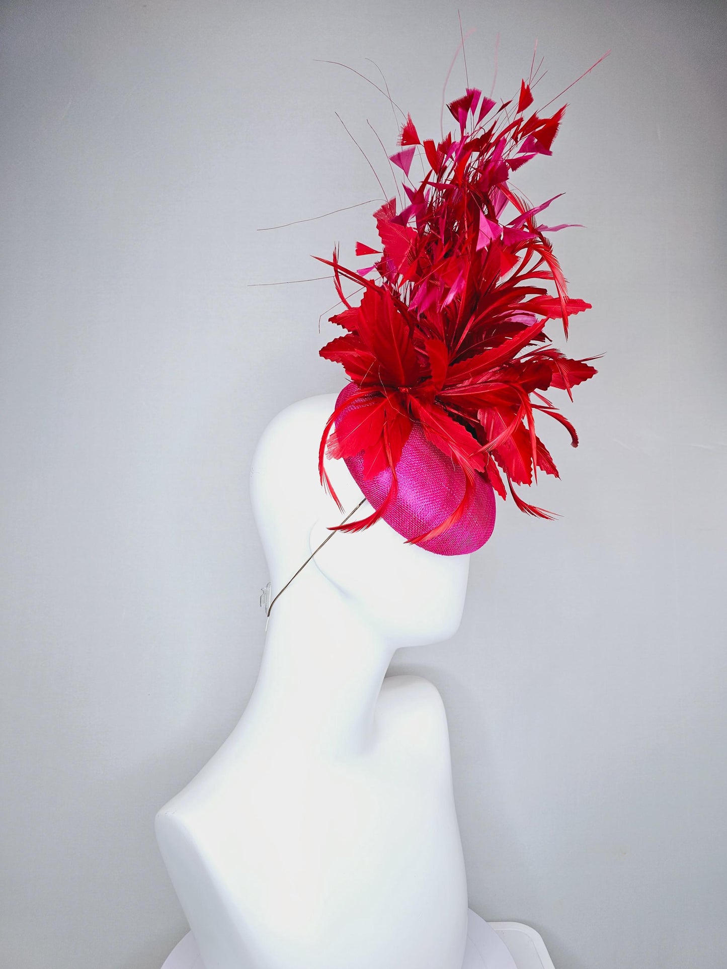 kentucky derby hat fascinator pink sinamay with fluffy zigzag scarlet red and pink branching feathers