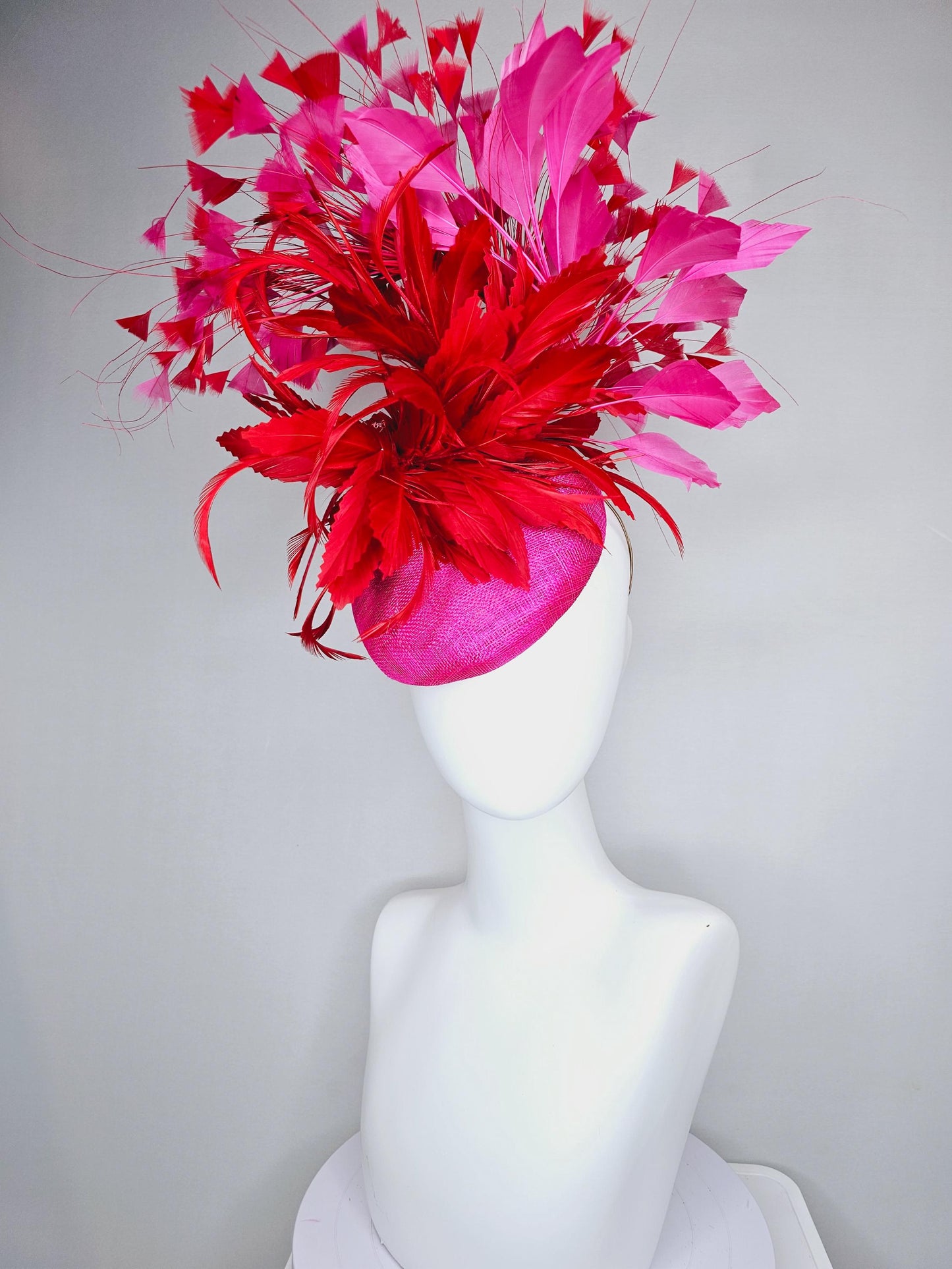 kentucky derby hat fascinator pink sinamay with fluffy zigzag scarlet red and pink branching feathers