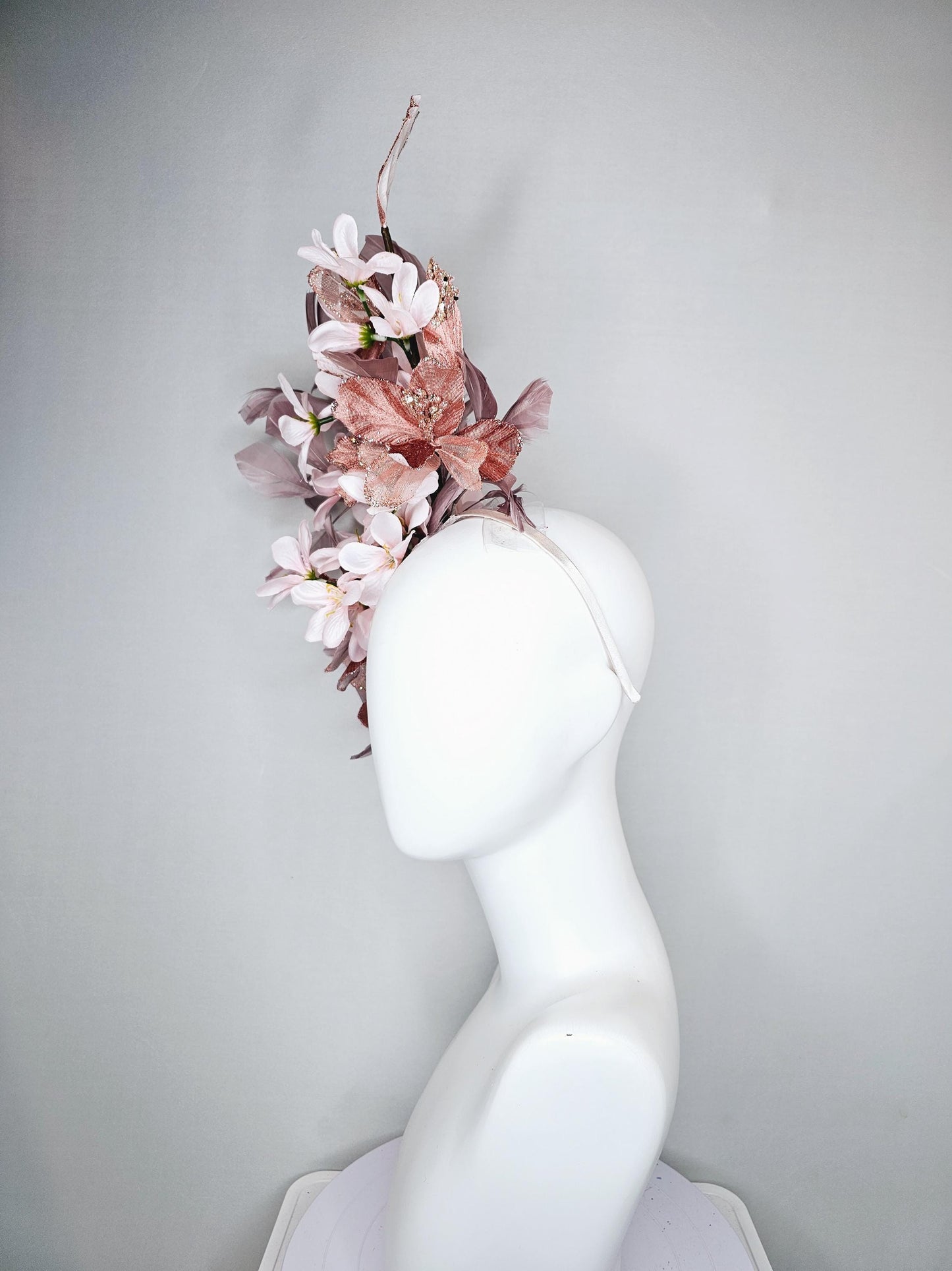 kentucky derby hat fascinator rose gold mesh flowers with light pink satin silk flowers, rose taupe pink branching feathers, thin headband