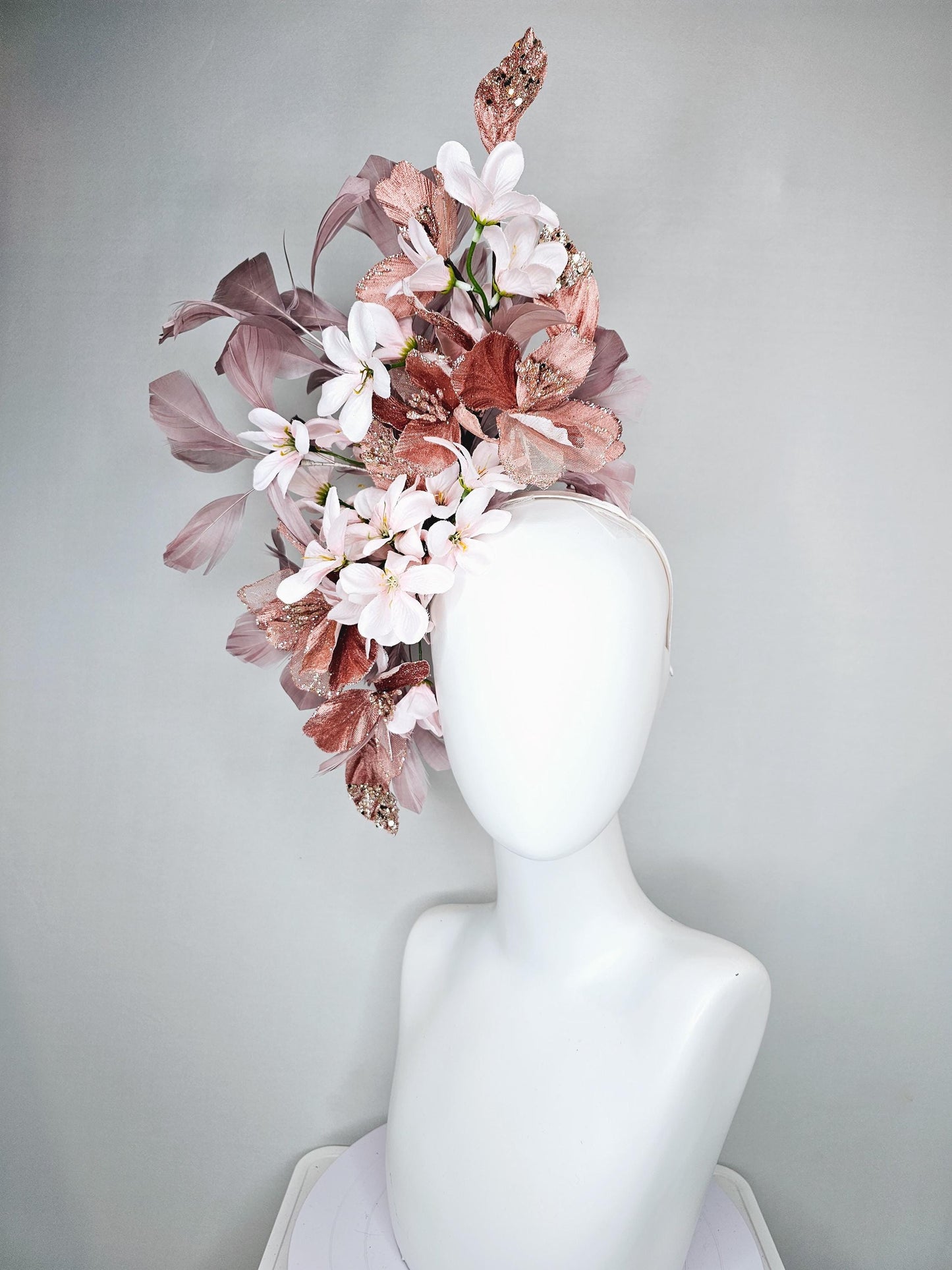 kentucky derby hat fascinator rose gold mesh flowers with light pink satin silk flowers, rose taupe pink branching feathers, thin headband