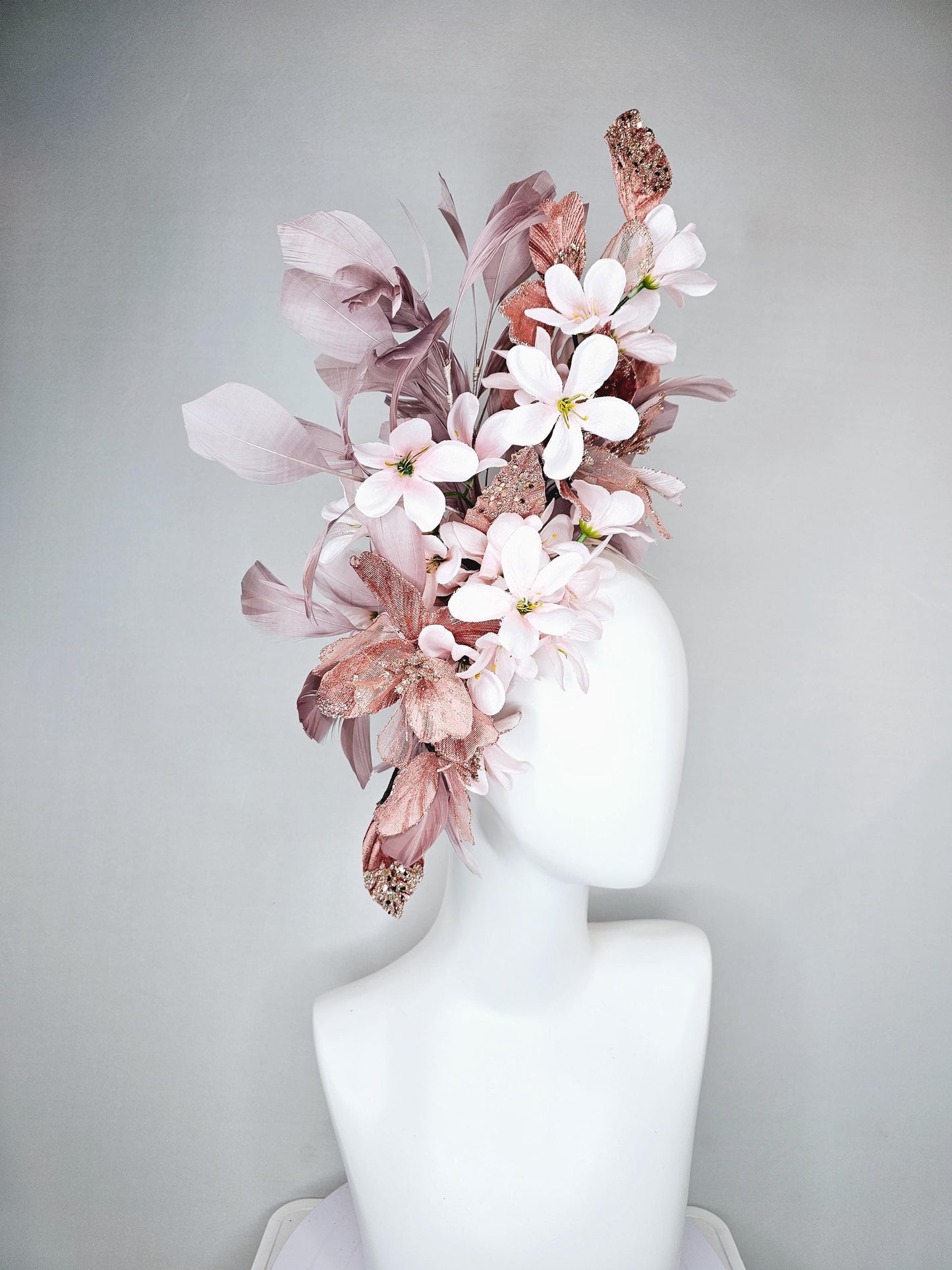 kentucky derby hat fascinator rose gold mesh flowers with light pink satin silk flowers, rose taupe pink branching feathers, thin headband