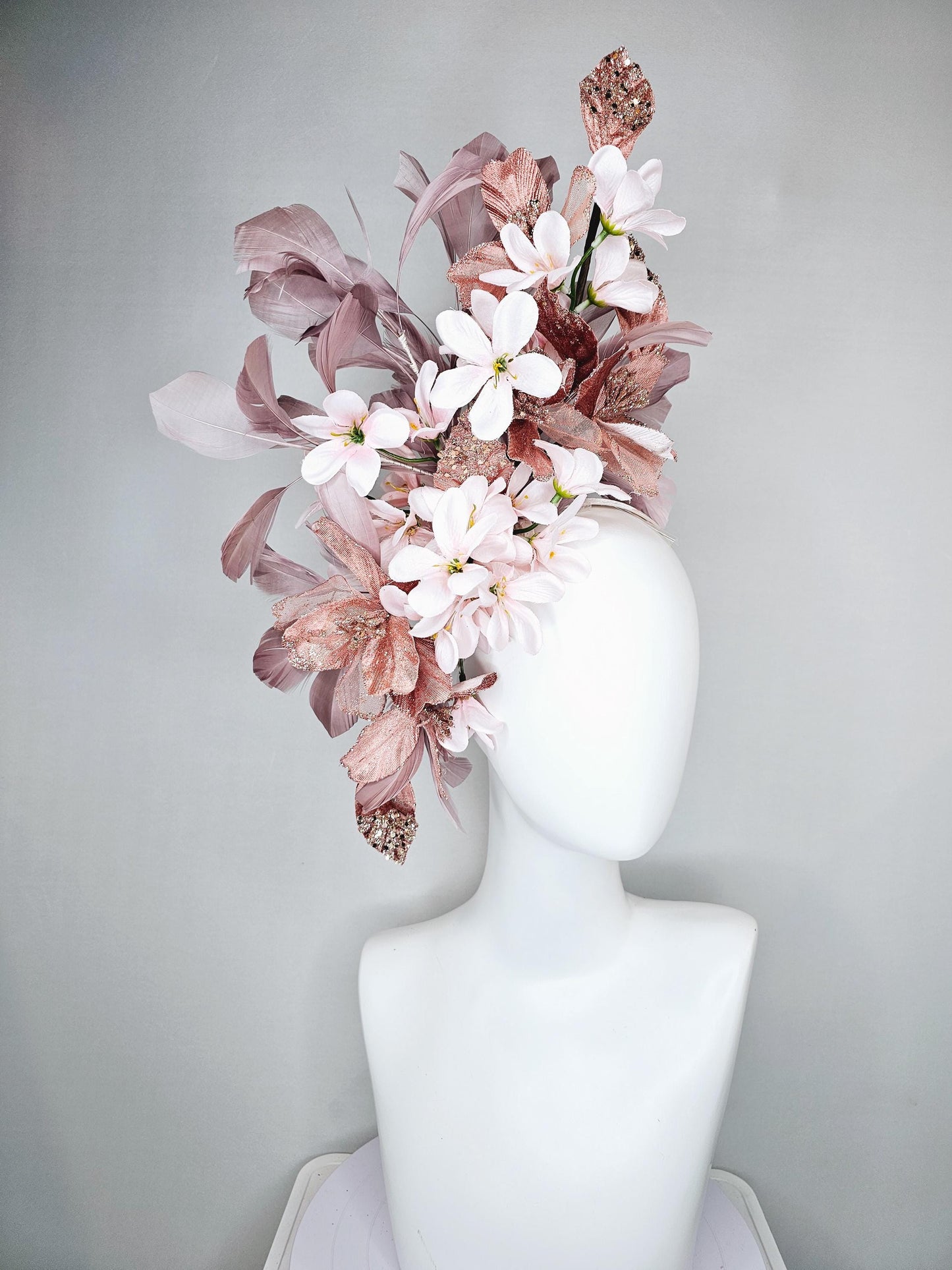 kentucky derby hat fascinator rose gold mesh flowers with light pink satin silk flowers, rose taupe pink branching feathers, thin headband