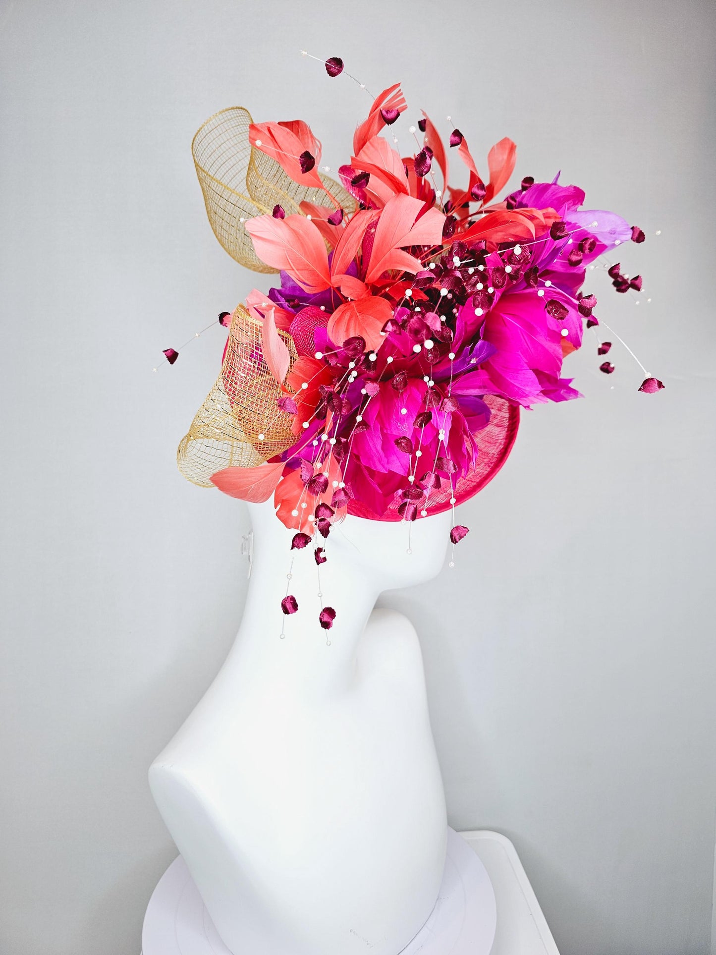 kentucky derby hat fascinator pink sinamay saucer,pink fuchsia feather flowers,pink purple orange branching feathers,pearl and floral stems