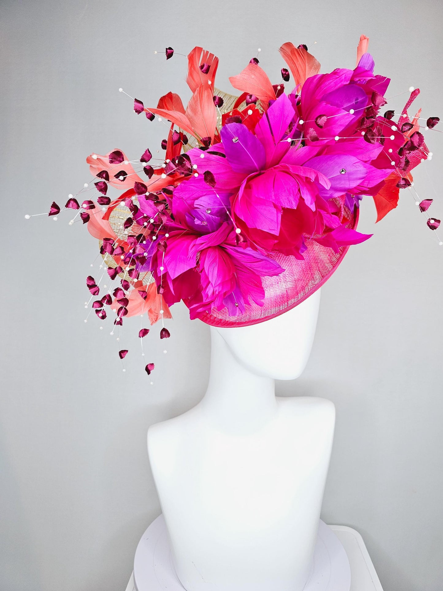 kentucky derby hat fascinator pink sinamay saucer,pink fuchsia feather flowers,pink purple orange branching feathers,pearl and floral stems