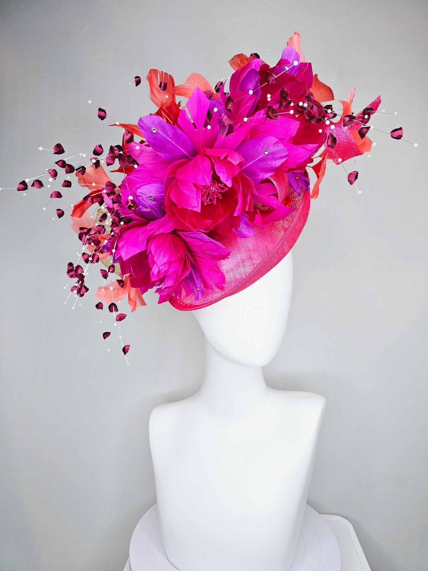 kentucky derby hat fascinator pink sinamay saucer,pink fuchsia feather flowers,pink purple orange branching feathers,pearl and floral stems