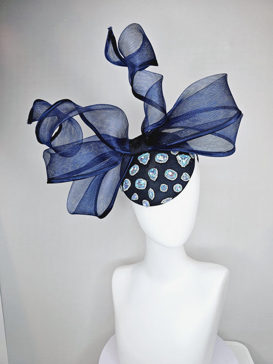 kentucky derby hat fascinator navy blue sinamay with iridescent blue crystal jewels,navy blue mesh and wired ribbon large bendable bow decor