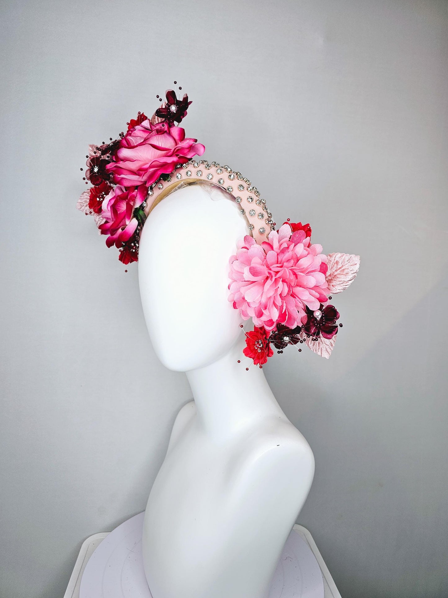 kentucky derby hat fascinator pink red wine burgundy flowers with light pink leaves on light pink beaded crystal rhinestone headband