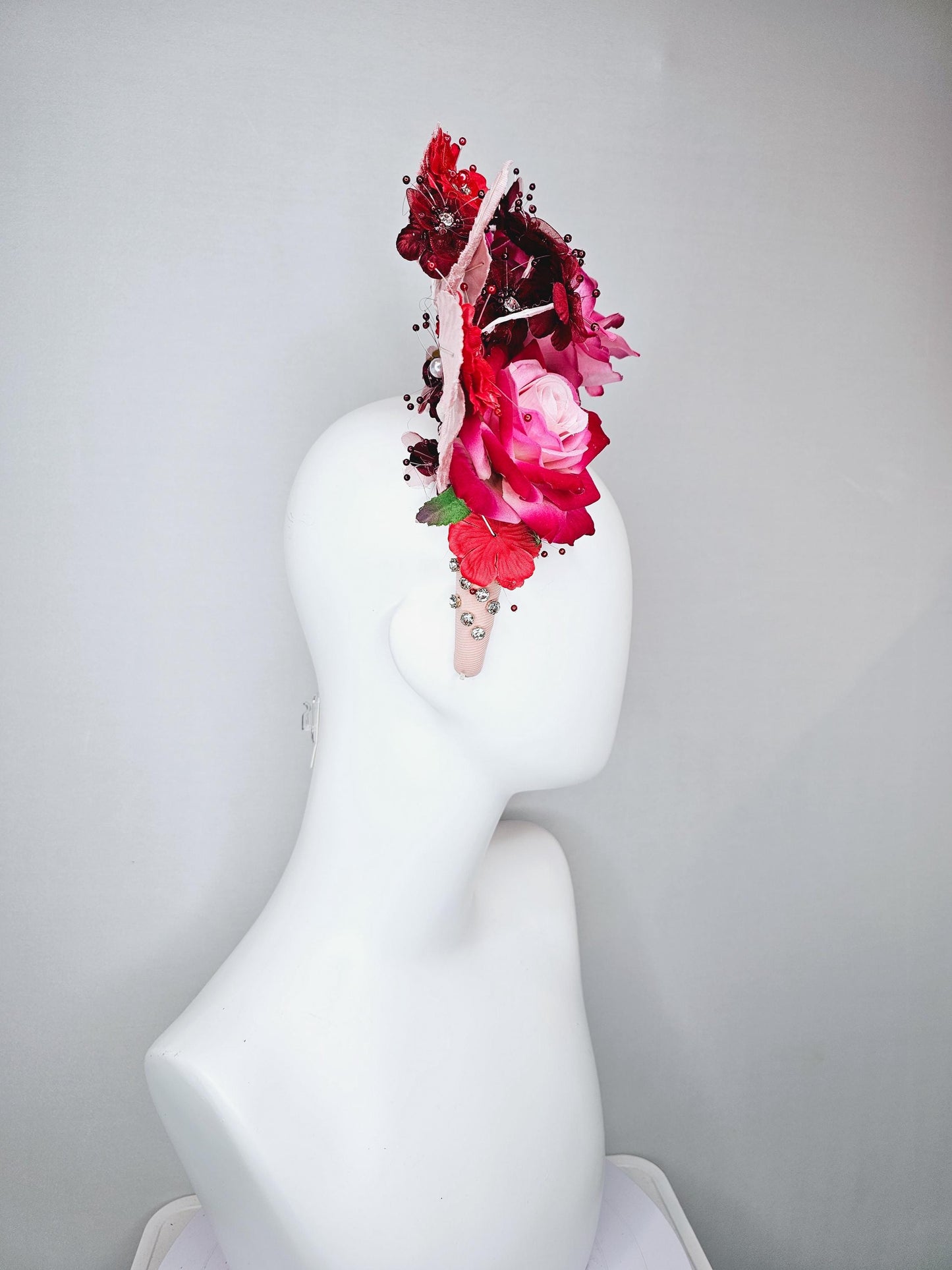 kentucky derby hat fascinator pink red wine burgundy flowers with light pink leaves on light pink beaded crystal rhinestone headband