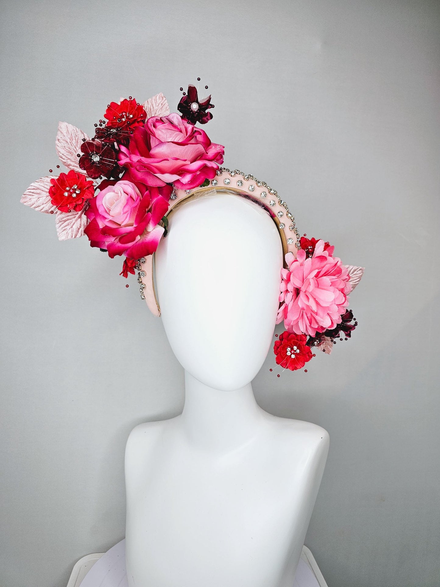 kentucky derby hat fascinator pink red wine burgundy flowers with light pink leaves on light pink beaded crystal rhinestone headband