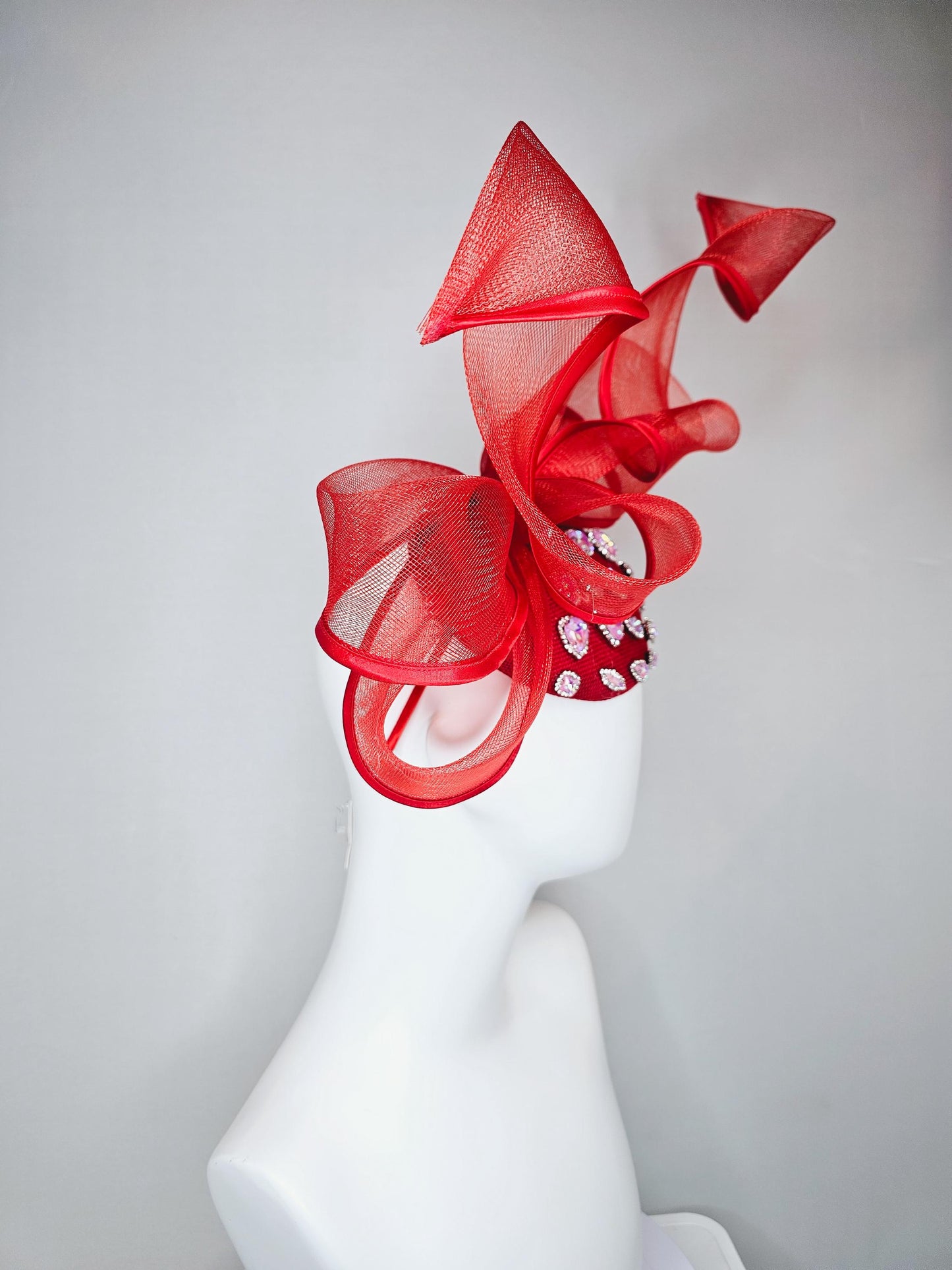 kentucky derby hat fascinator red sinamay with iridescent crystal jewels, scarlet red mesh and wired ribbon large bendable bow decor